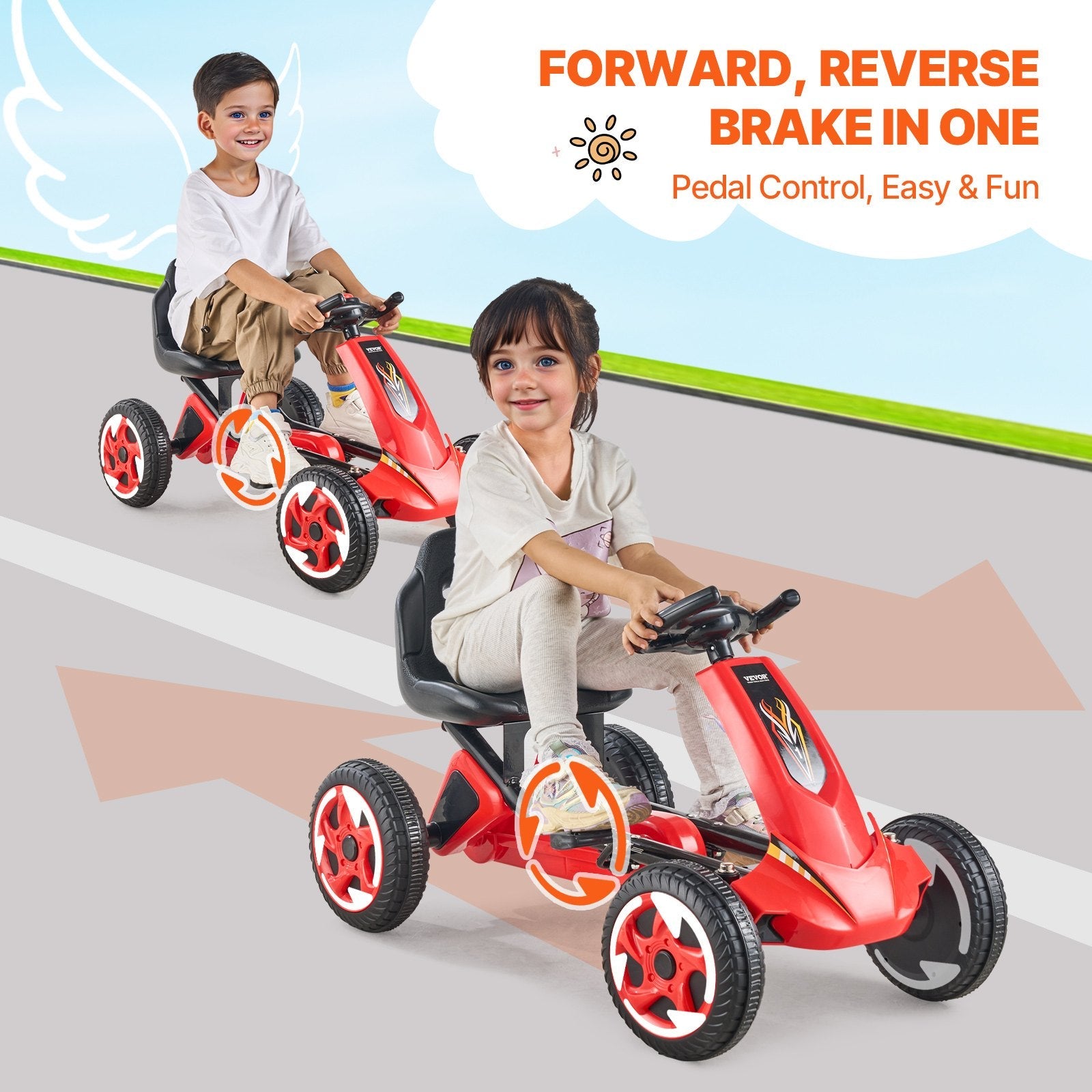 VEVOR Go Kart 4 Wheel Pedal Ride On Toy for Kids Ages 3-8 Adjustable Seat Red 