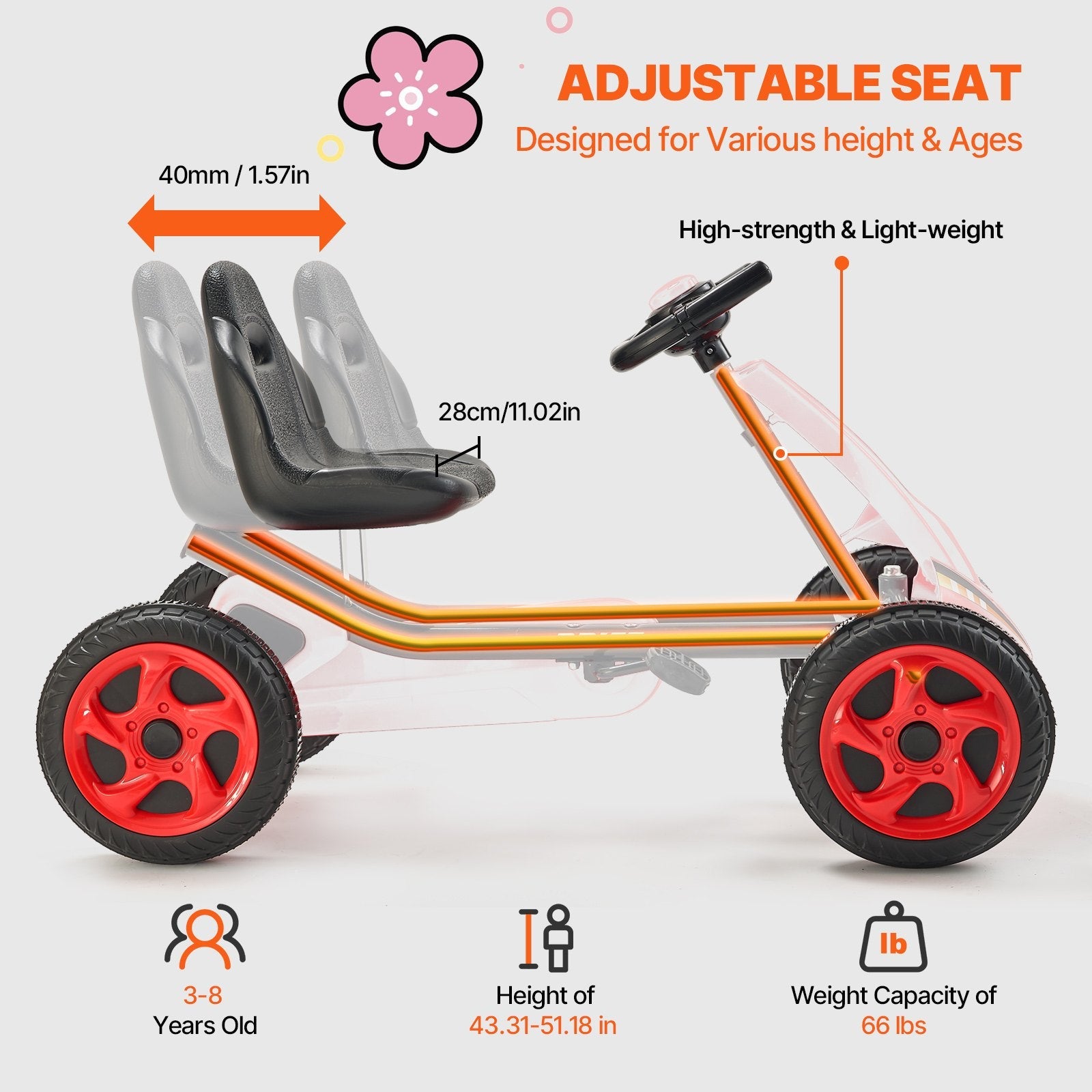 VEVOR Go Kart 4 Wheel Pedal Ride On Toy for Kids Ages 3-8 Adjustable Seat Red 