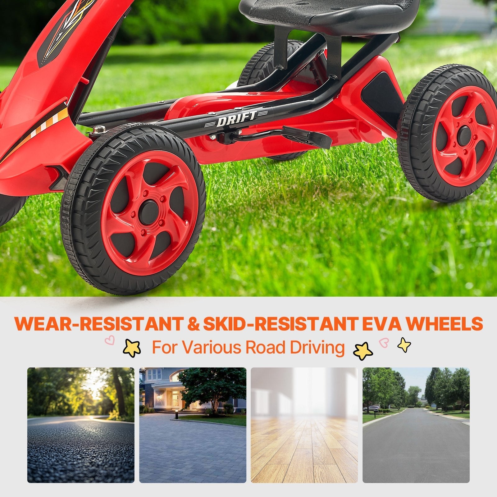 VEVOR Go Kart 4 Wheel Pedal Ride On Toy for Kids Ages 3-8 Adjustable Seat Red 