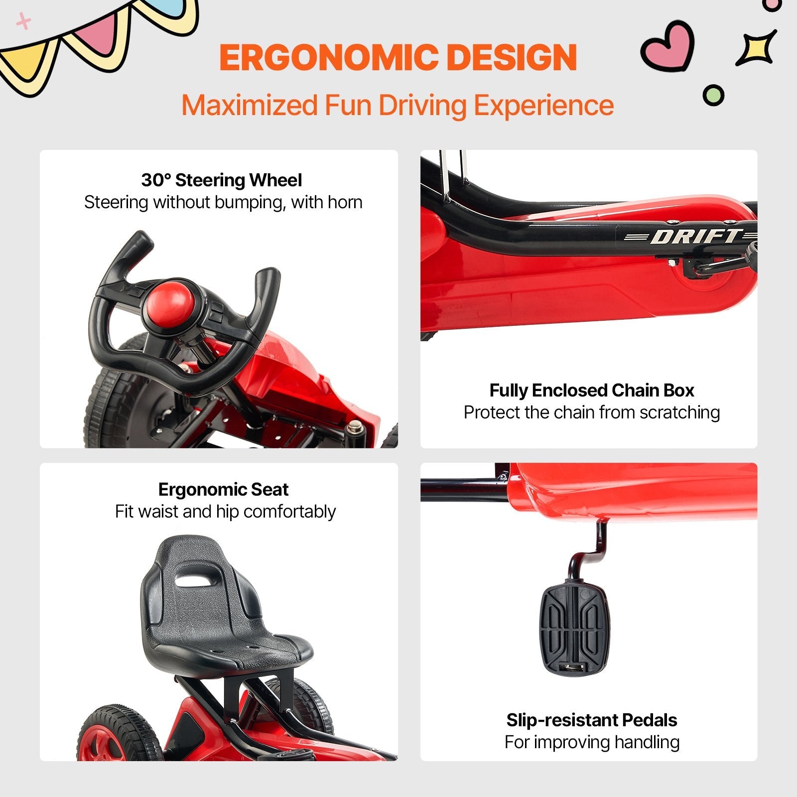 VEVOR Go Kart 4 Wheel Pedal Ride On Toy for Kids Ages 3-8 Adjustable Seat Red 