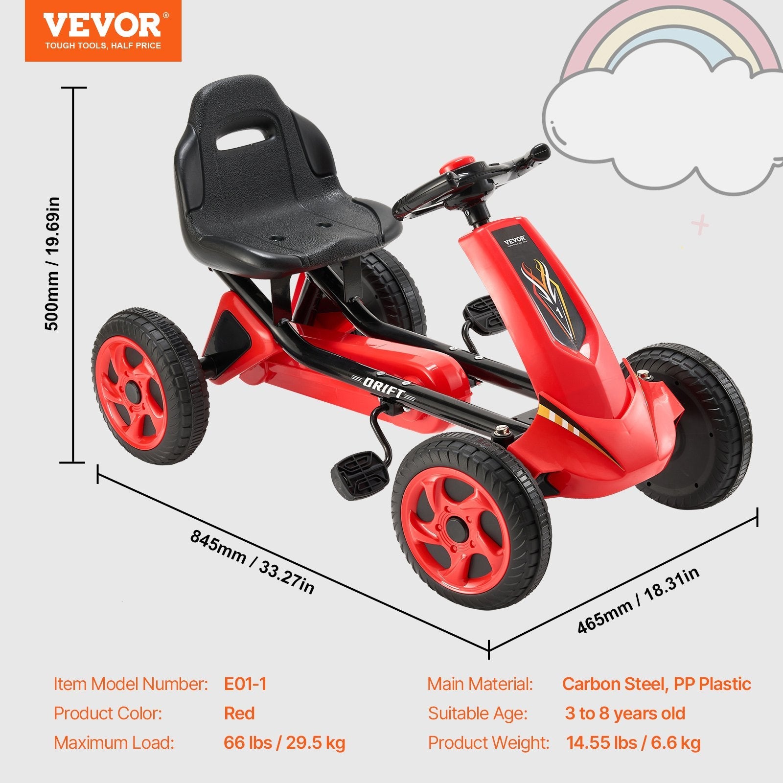 VEVOR Go Kart 4 Wheel Pedal Ride On Toy for Kids Ages 3-8 Adjustable Seat Red 