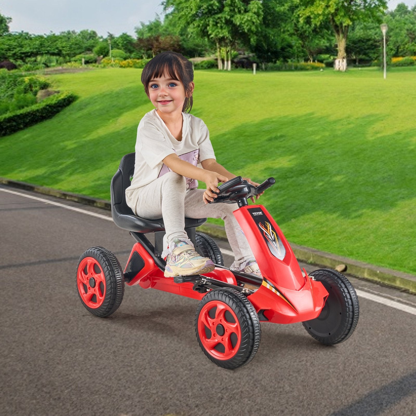 VEVOR Go Kart 4 Wheel Pedal Ride On Toy for Kids Ages 3-8 Adjustable Seat Red 