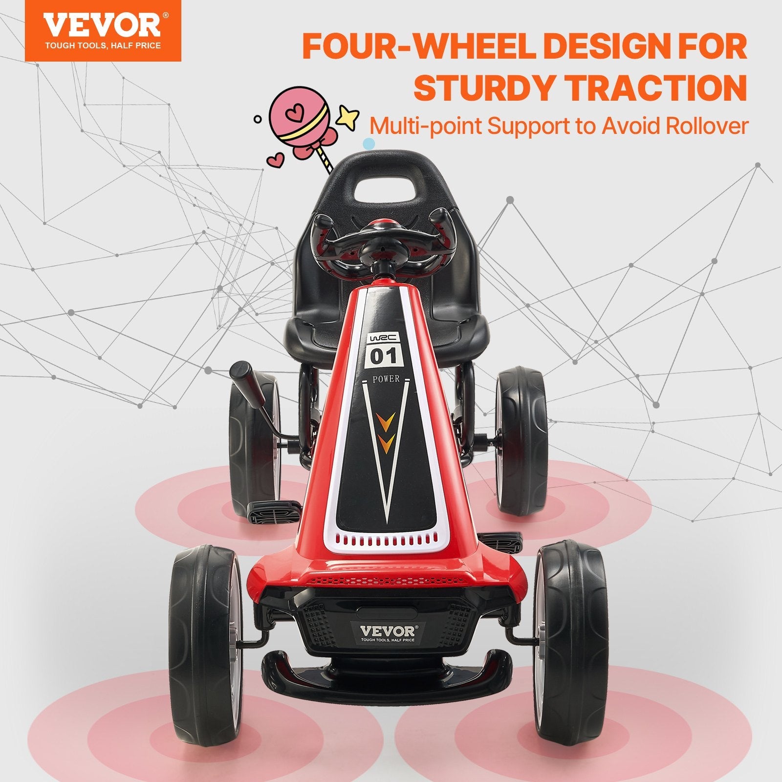 VEVOR Go Kart 4 Wheel Pedal Ride On Toy for Kids Adjustable Seat Hand Brake Red 