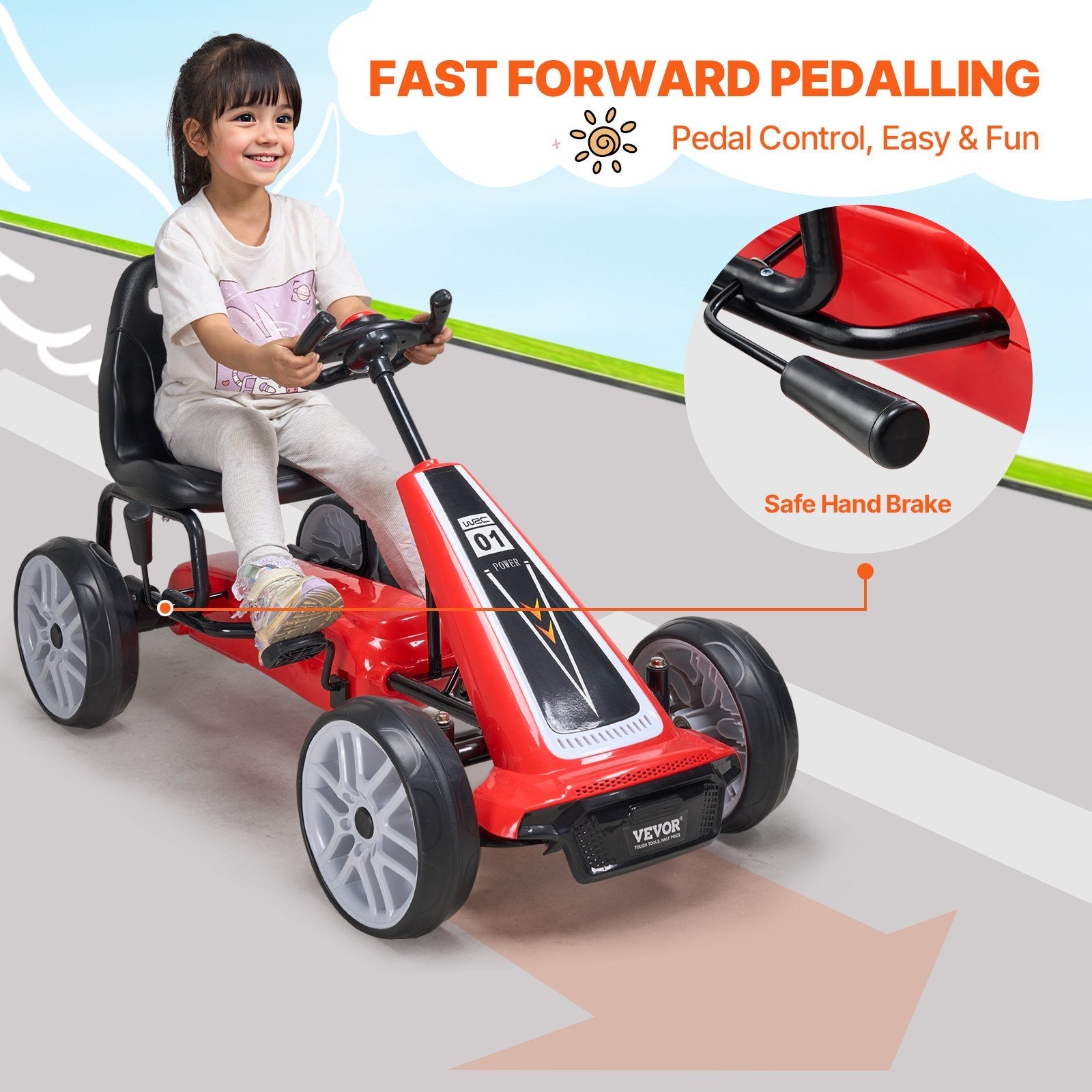 VEVOR Go Kart 4 Wheel Pedal Ride On Toy for Kids Adjustable Seat Hand Brake Red 
