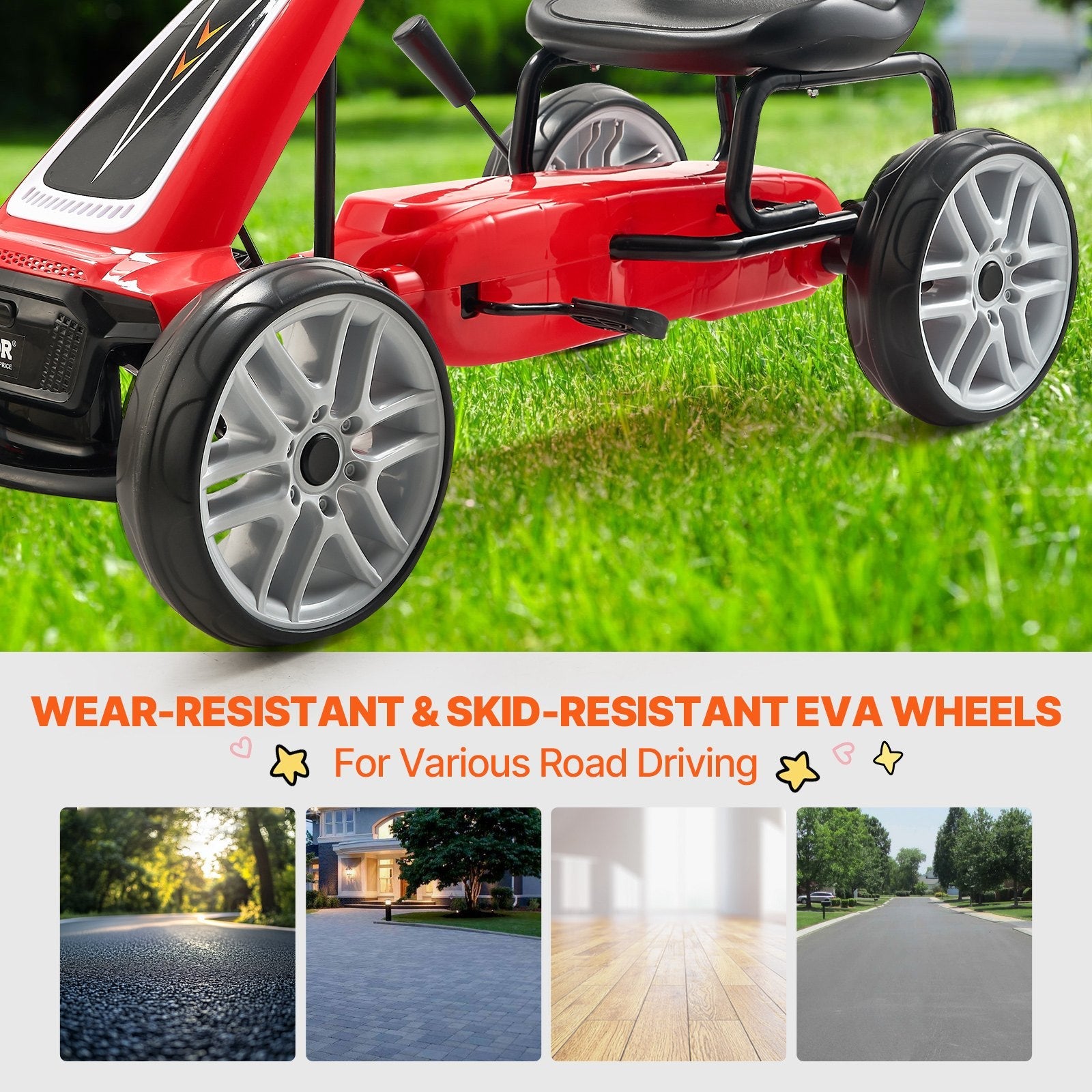 VEVOR Go Kart 4 Wheel Pedal Ride On Toy for Kids Adjustable Seat Hand Brake Red 