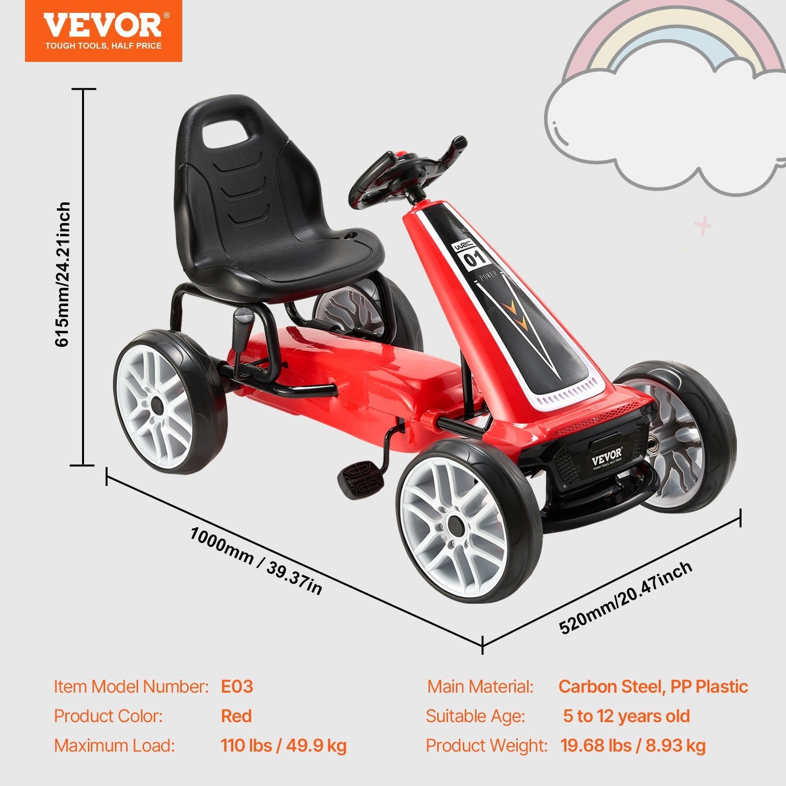 VEVOR Go Kart 4 Wheel Pedal Ride On Toy for Kids Adjustable Seat Hand Brake Red 