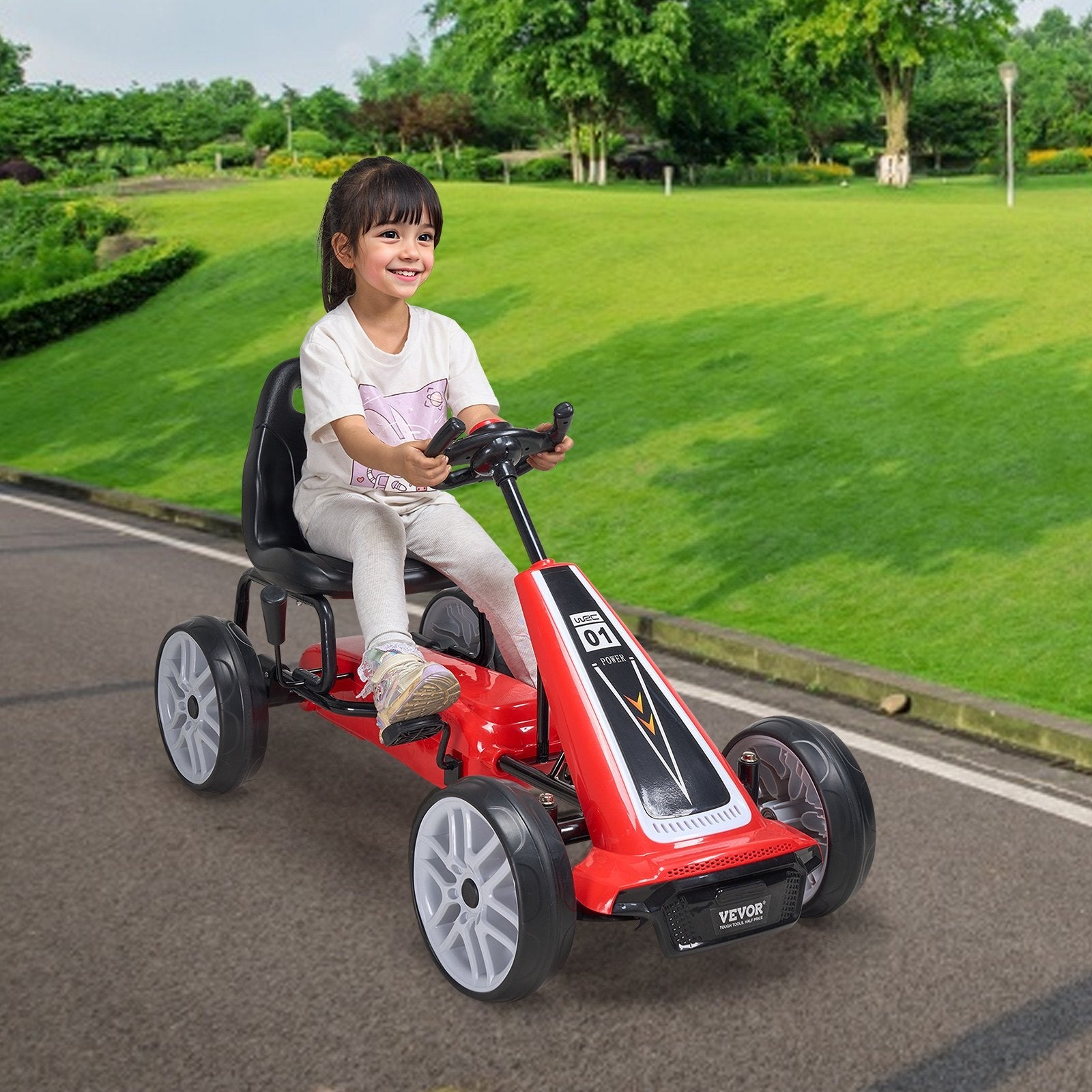 VEVOR Go Kart 4 Wheel Pedal Ride On Toy for Kids Adjustable Seat Hand Brake Red 