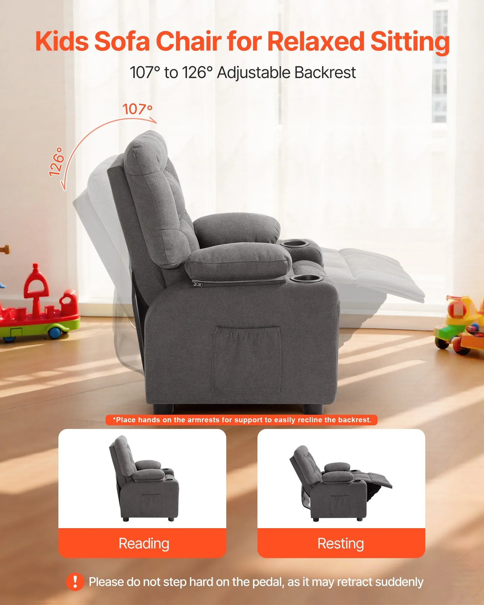 VEVOR Kids Reclining Chair Toddler Recliner with Cup Holders and Pockets (Grey)