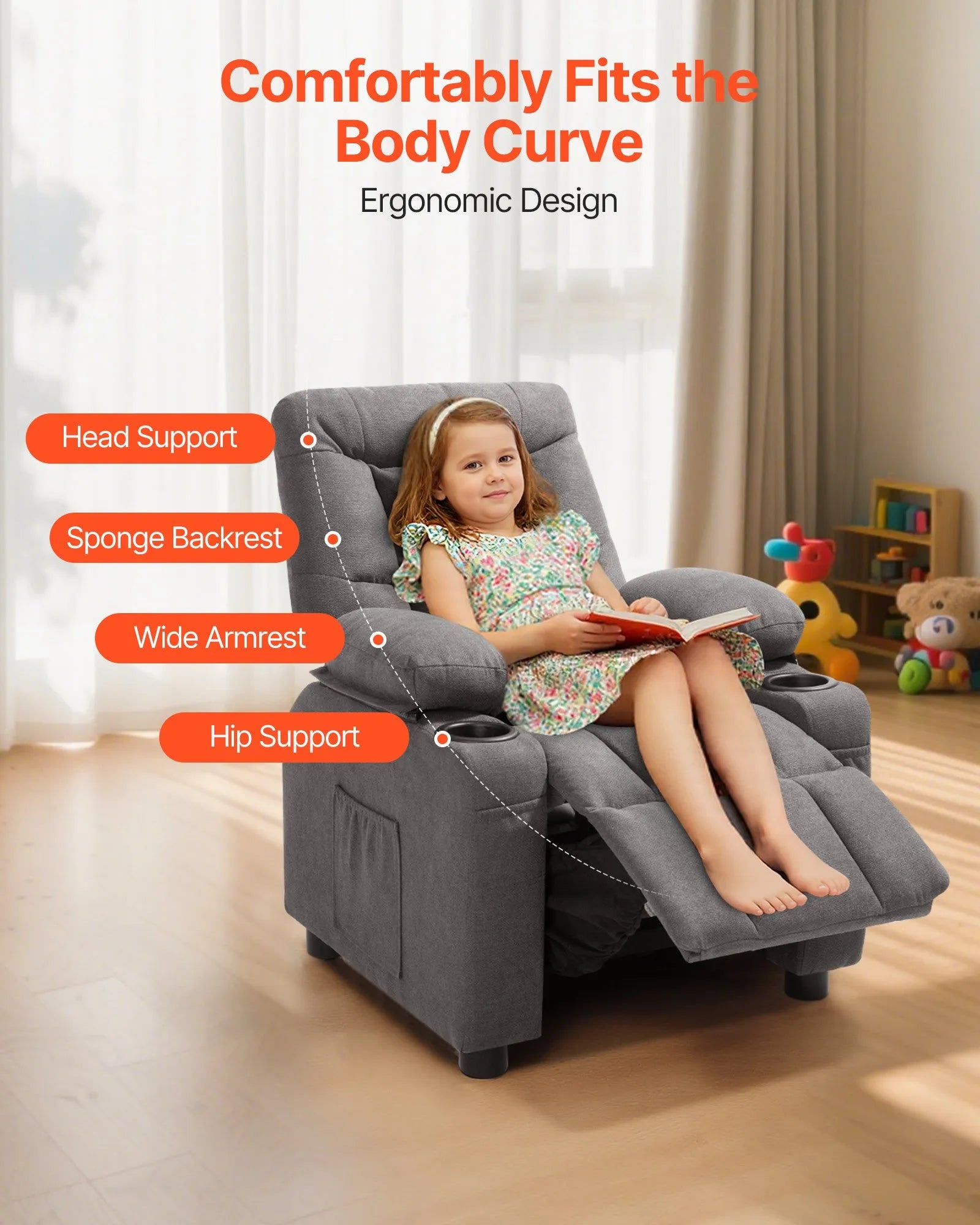 VEVOR Kids Reclining Chair Toddler Recliner with Cup Holders and Pockets (Grey)