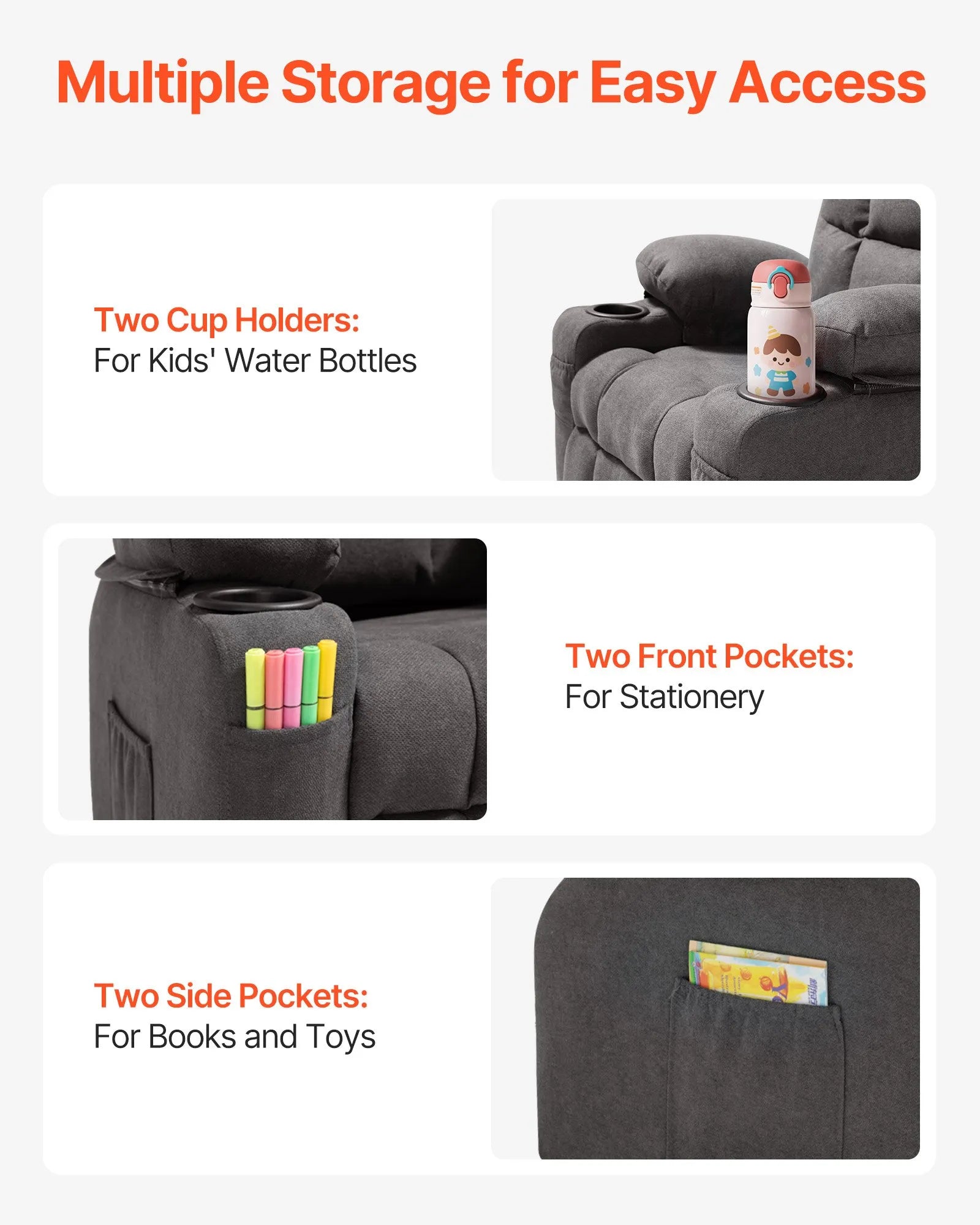 VEVOR Kids Reclining Chair Toddler Recliner with Cup Holders and Pockets (Grey)