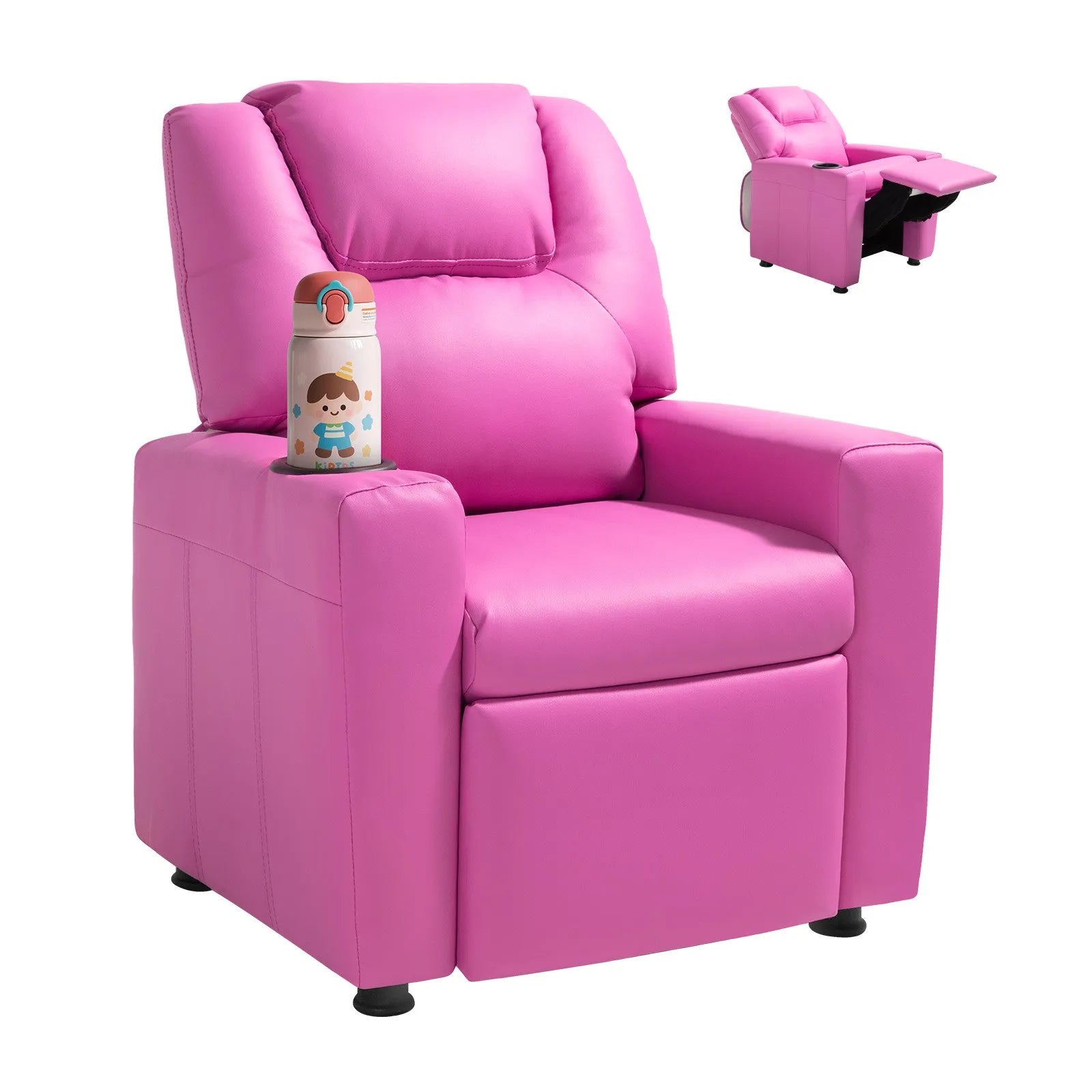 VEVOR Kids Reclining Chair PU Leather Toddler Recliner with Cup Holder (Pink)