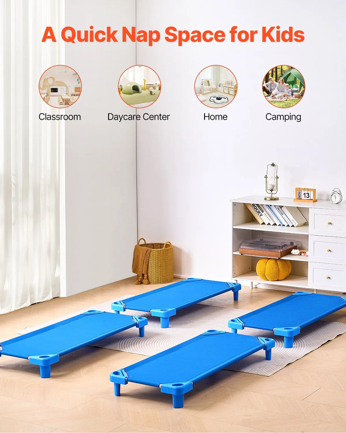 VEVOR Stackable Kiddie Cot 52" x 23" Daycare Nap Cots for Kids Blue (Pack of 4)