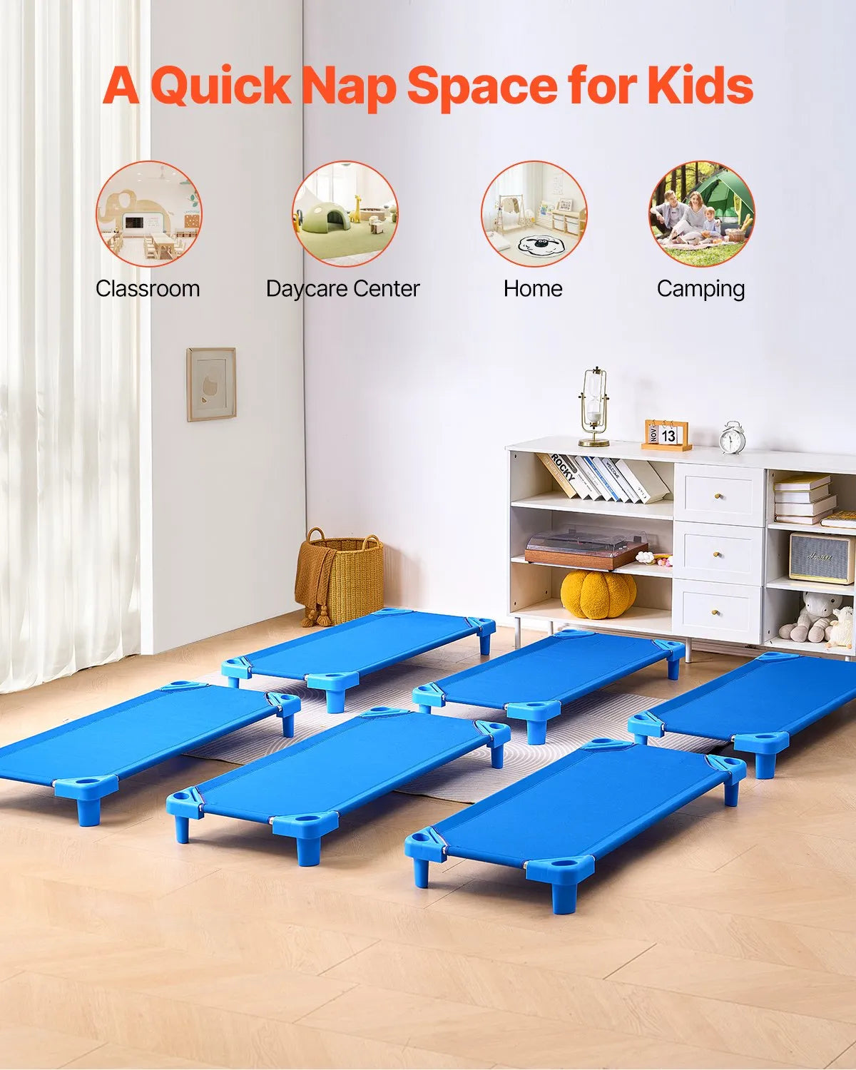 VEVOR Stackable Kiddie Cot 52" x 23" Daycare Nap Cots for Kids Blue (Pack of 6)