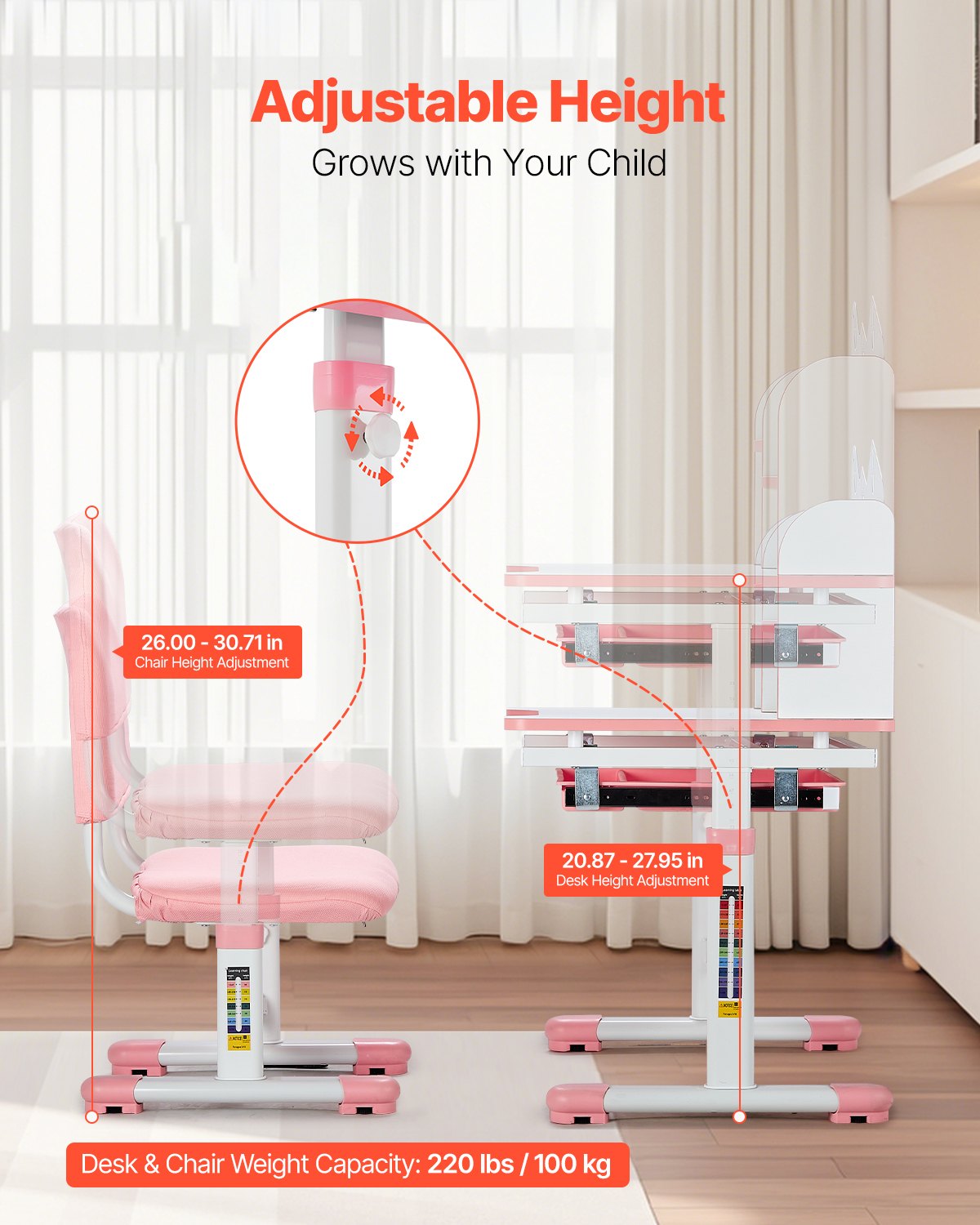 VEVOR Kids Study Chair and Desk with Bookshelf & Drawer Adjustable Height Pink 