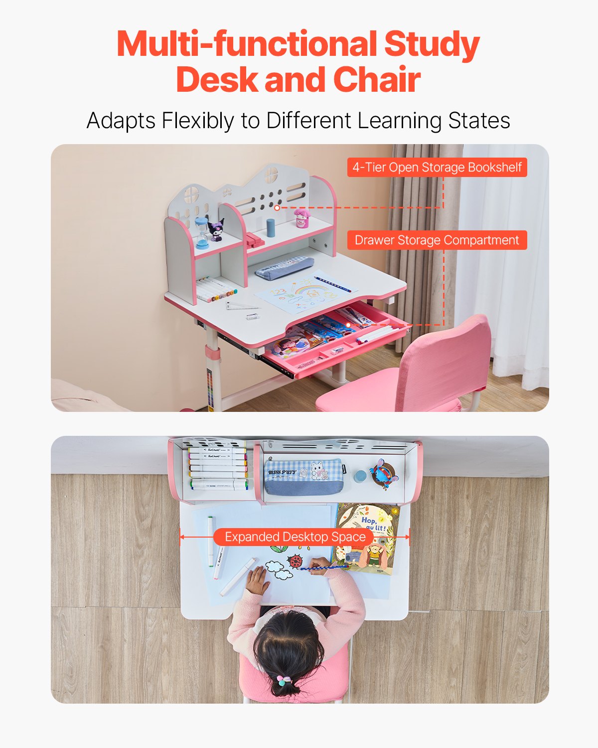 VEVOR Kids Study Chair and Desk with Bookshelf & Drawer Adjustable Height Pink 