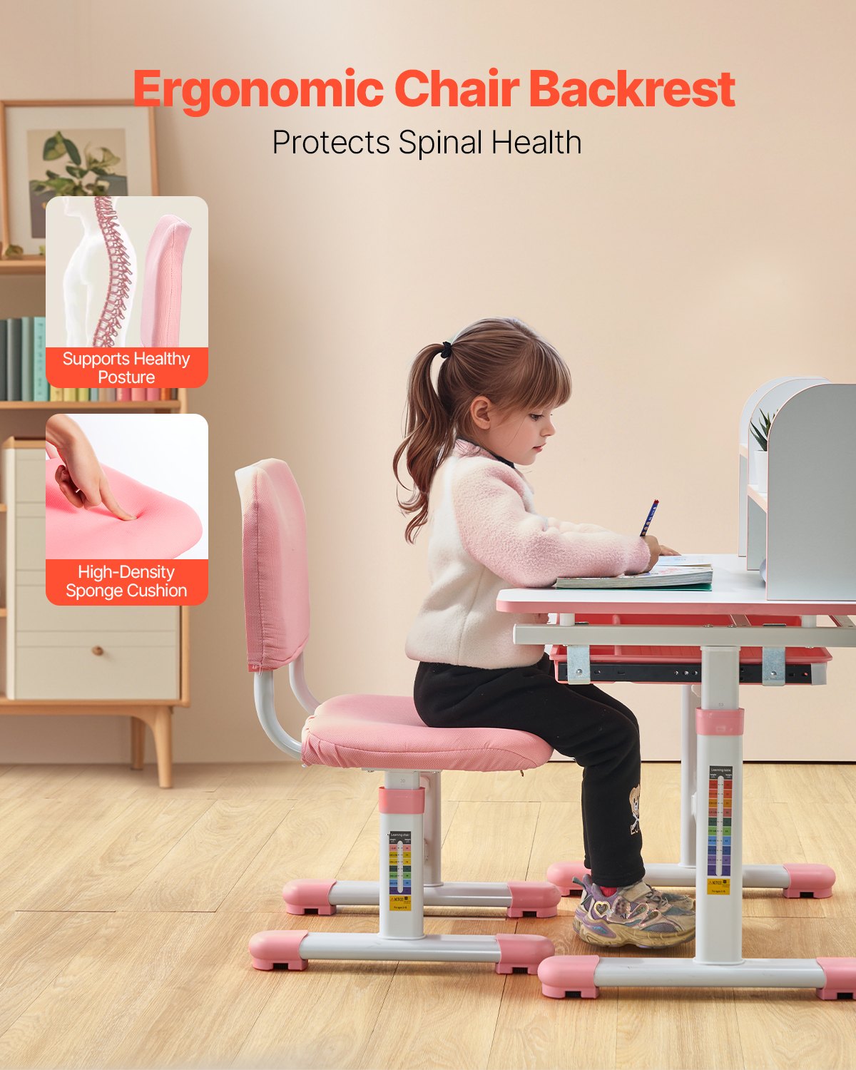 VEVOR Kids Study Chair and Desk with Bookshelf & Drawer Adjustable Height Pink 