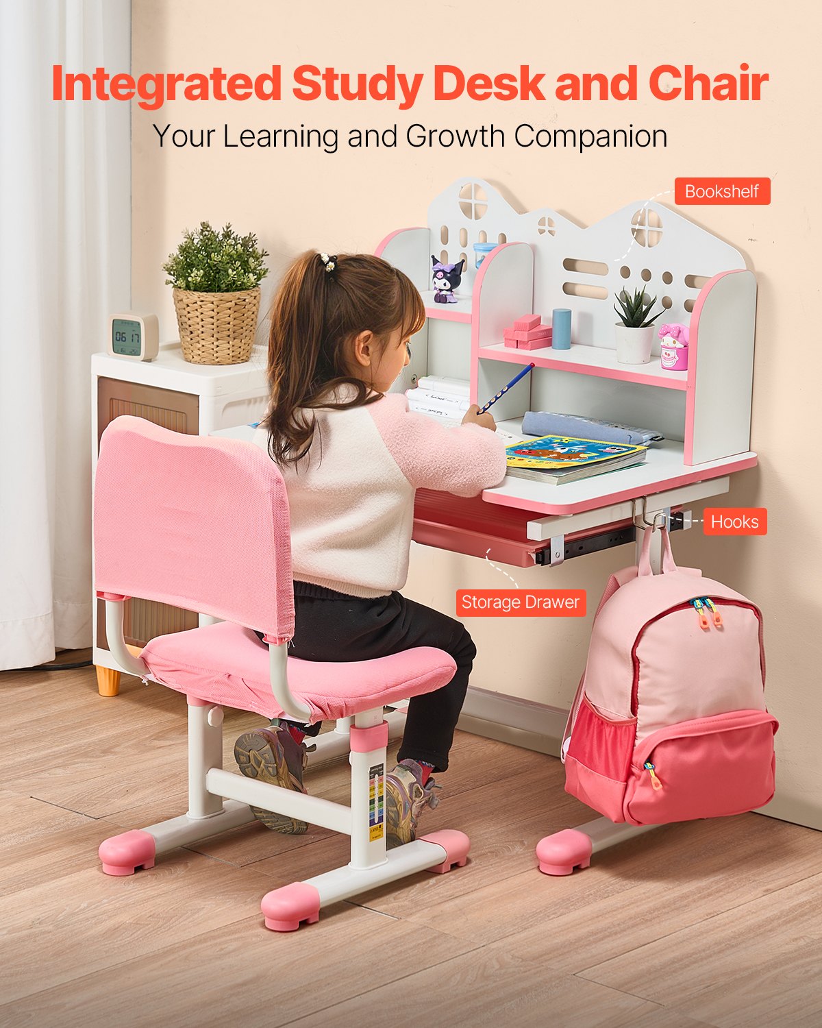 VEVOR Kids Study Chair and Desk with Bookshelf & Drawer Adjustable Height Pink 