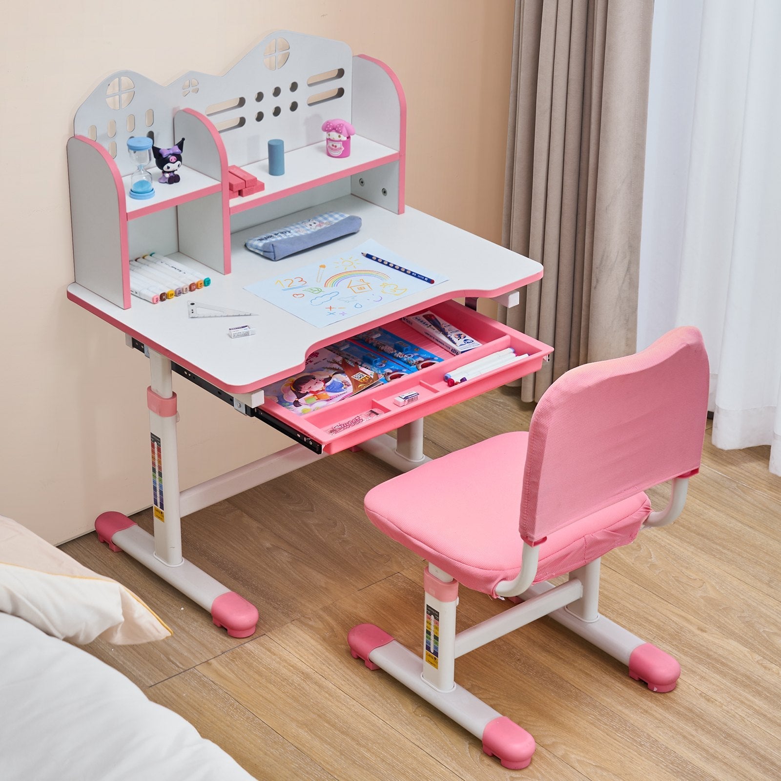 VEVOR Kids Study Chair and Desk with Bookshelf & Drawer Adjustable Height Pink 