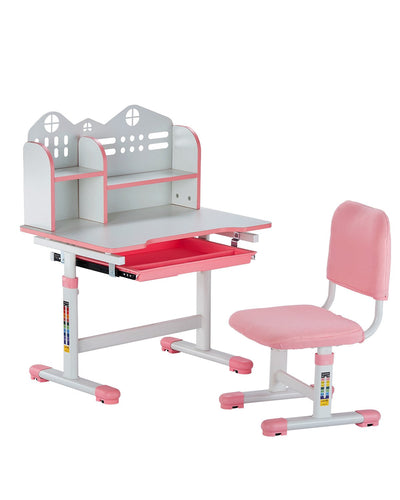 VEVOR Kids Study Chair and Desk with Bookshelf & Drawer Adjustable Height Pink 