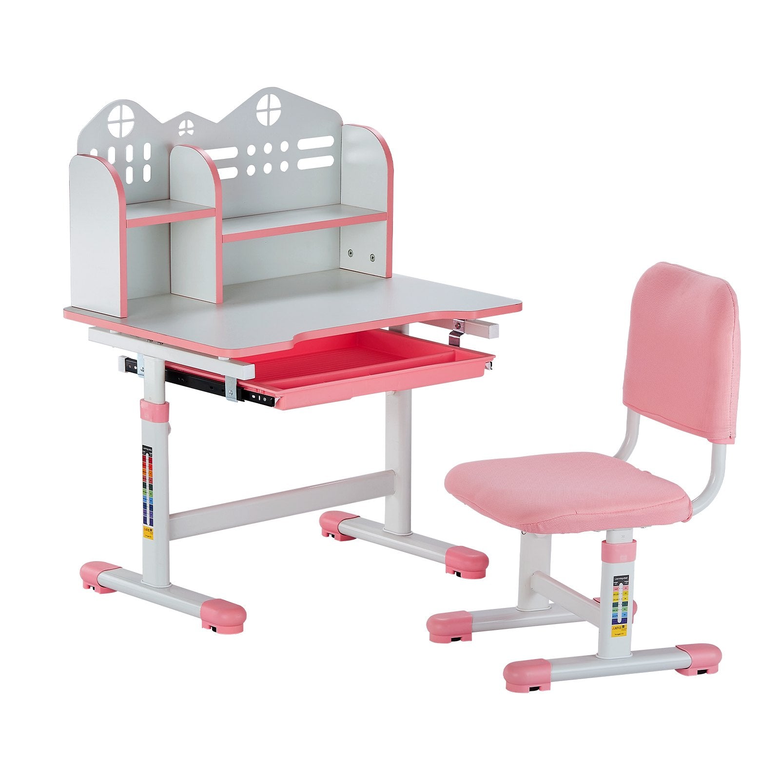 VEVOR Kids Study Chair and Desk with Bookshelf & Drawer Adjustable Height Pink 