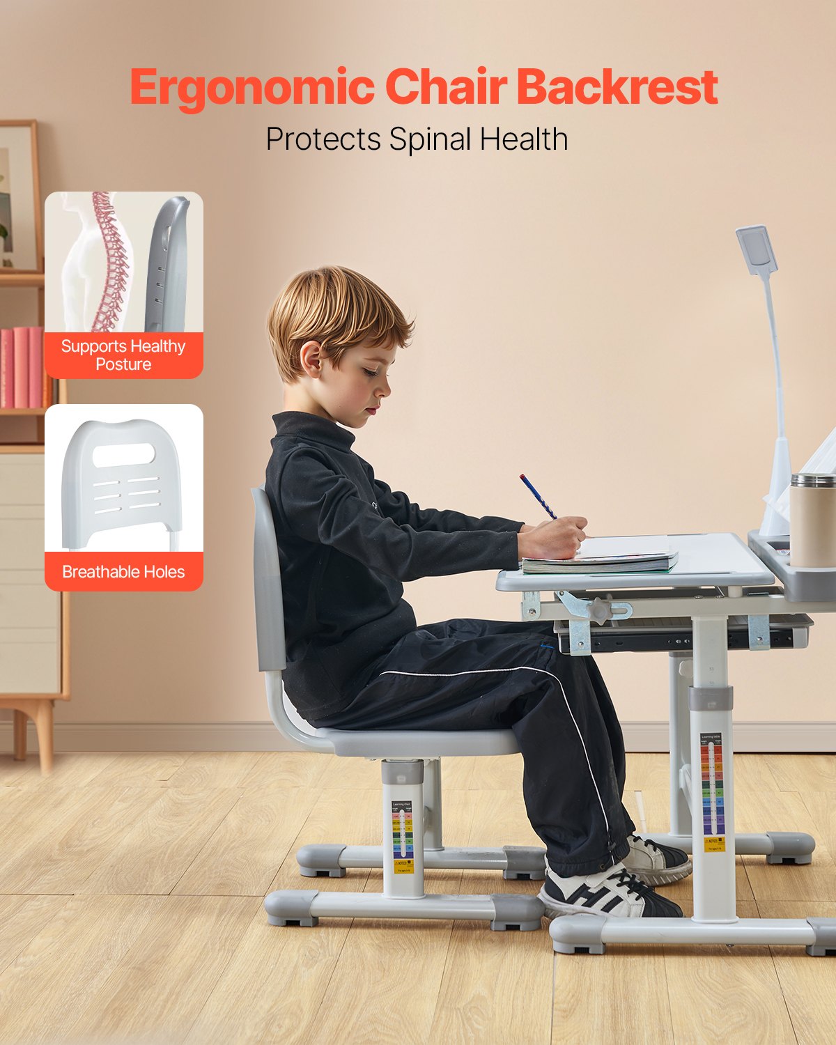 VEVOR Kids Chair and Desk Set Table Lamp Adjustable Height & Tilted Desktop Grey 