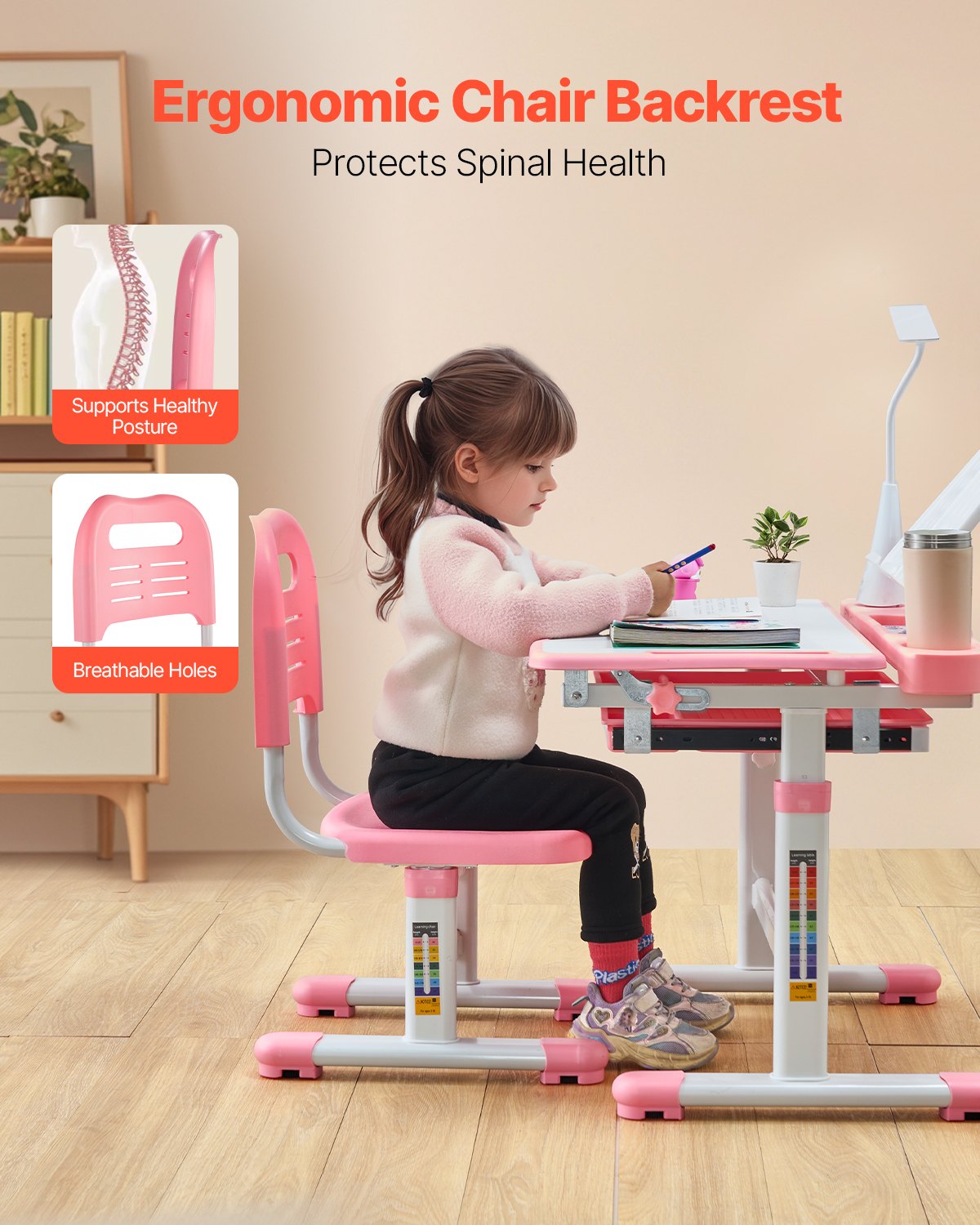 VEVOR Kids Chair and Desk Set Table Lamp Adjustable Height & Tilted Desktop Pink 