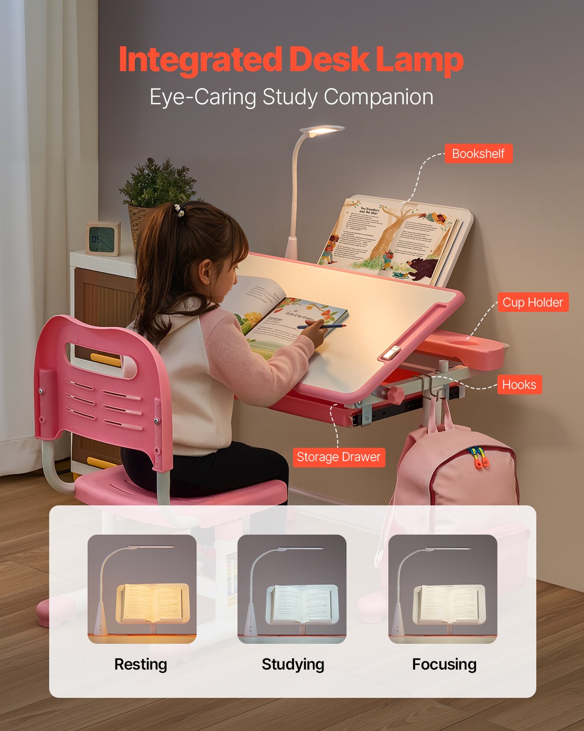 VEVOR Kids Chair and Desk Set Table Lamp Adjustable Height & Tilted Desktop Pink 