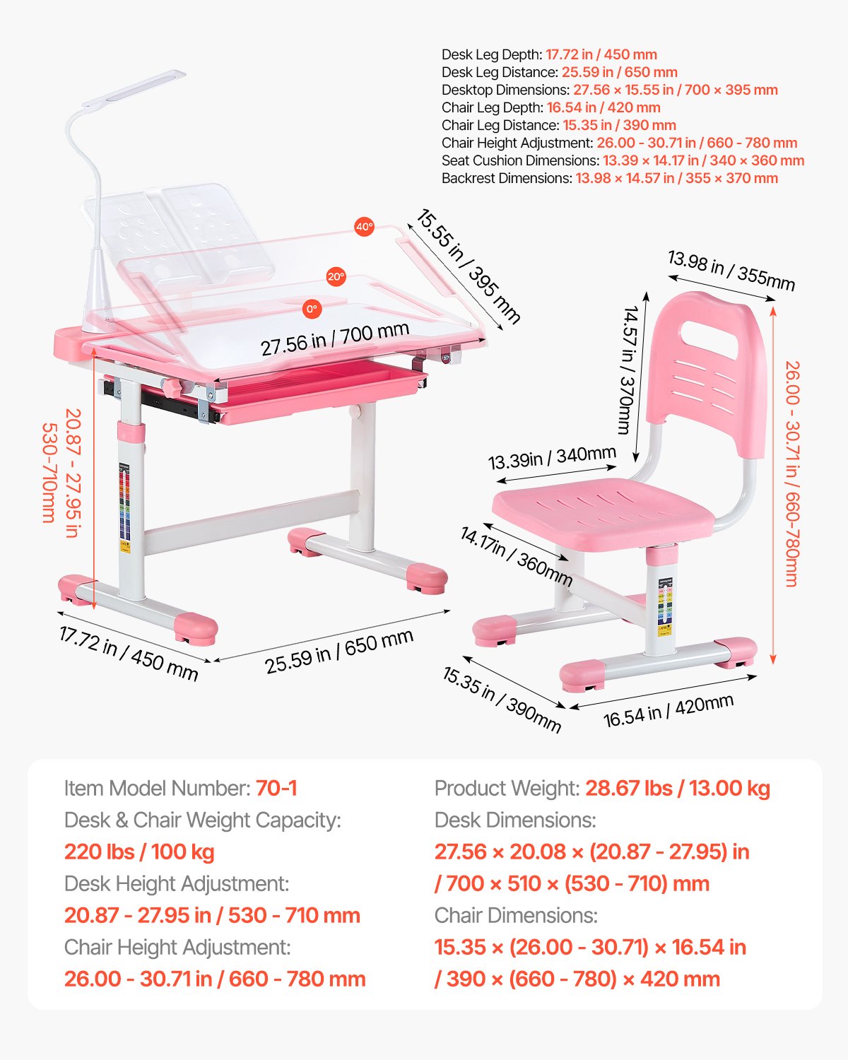 VEVOR Kids Chair and Desk Set Table Lamp Adjustable Height & Tilted Desktop Pink 
