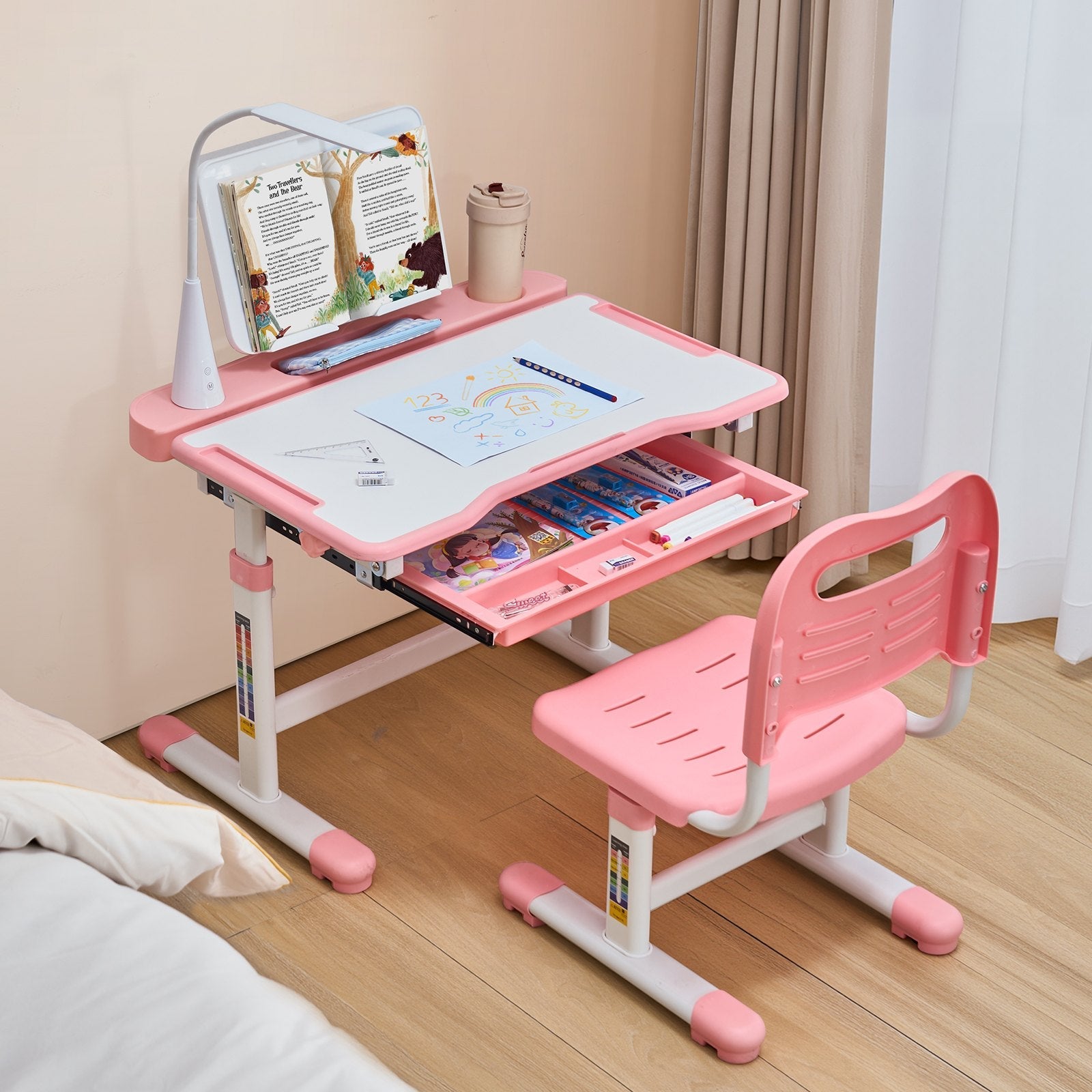 VEVOR Kids Chair and Desk Set Table Lamp Adjustable Height & Tilted Desktop Pink 