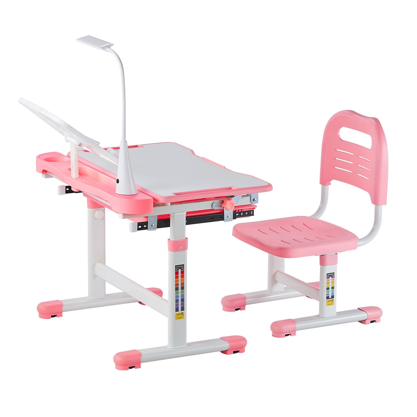 VEVOR Kids Chair and Desk Set Table Lamp Adjustable Height & Tilted Desktop Pink 