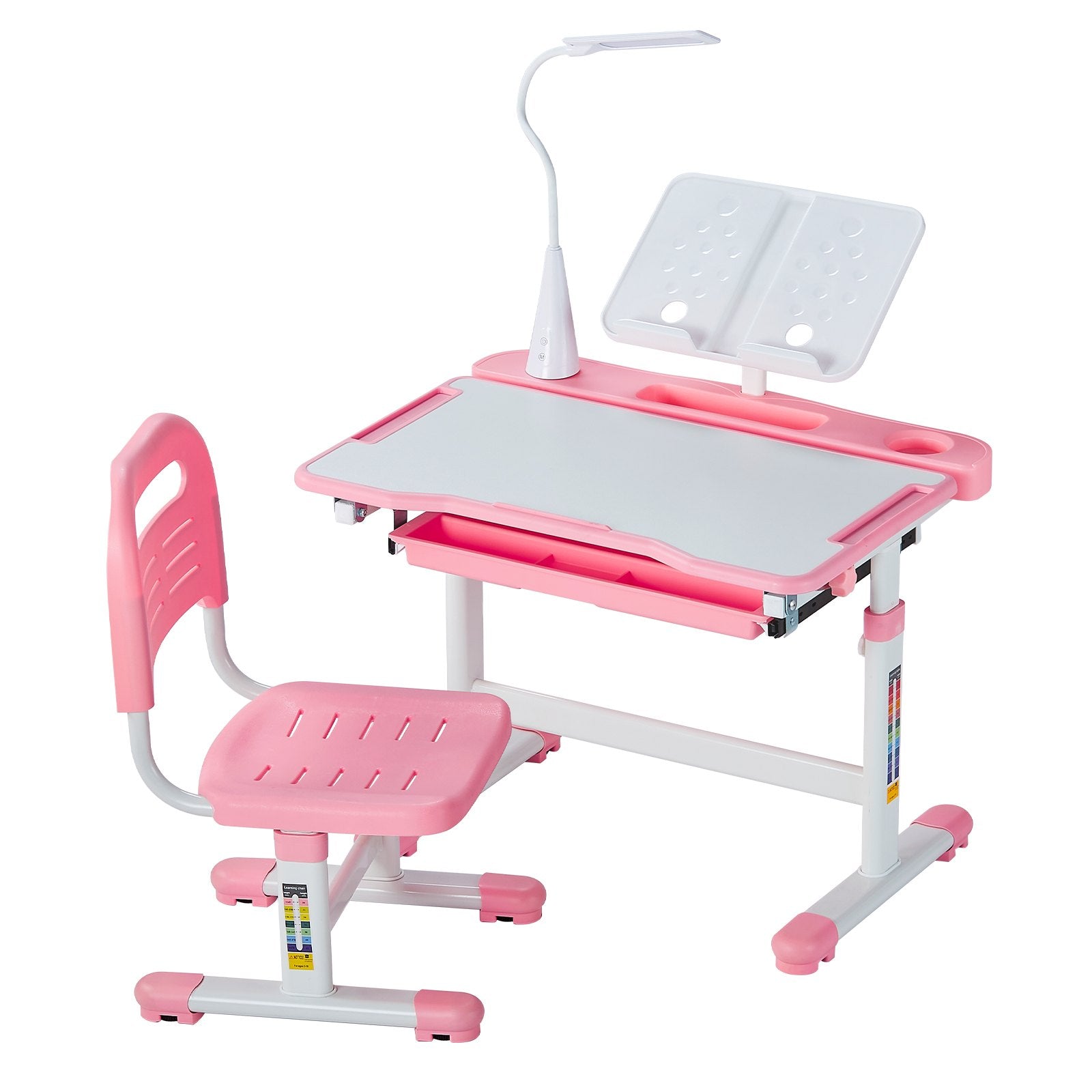 VEVOR Kids Chair and Desk Set Table Lamp Adjustable Height & Tilted Desktop Pink 
