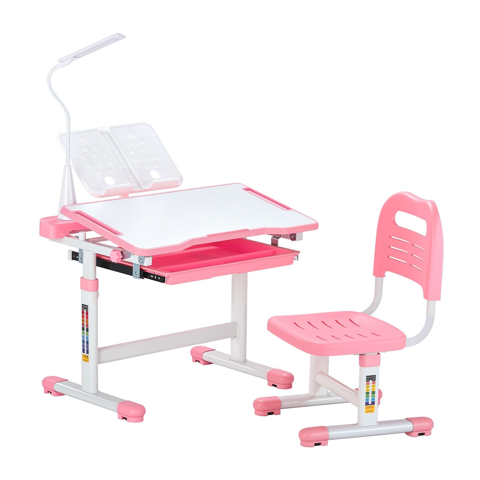 VEVOR Kids Chair and Desk Set Table Lamp Adjustable Height & Tilted Desktop Pink 