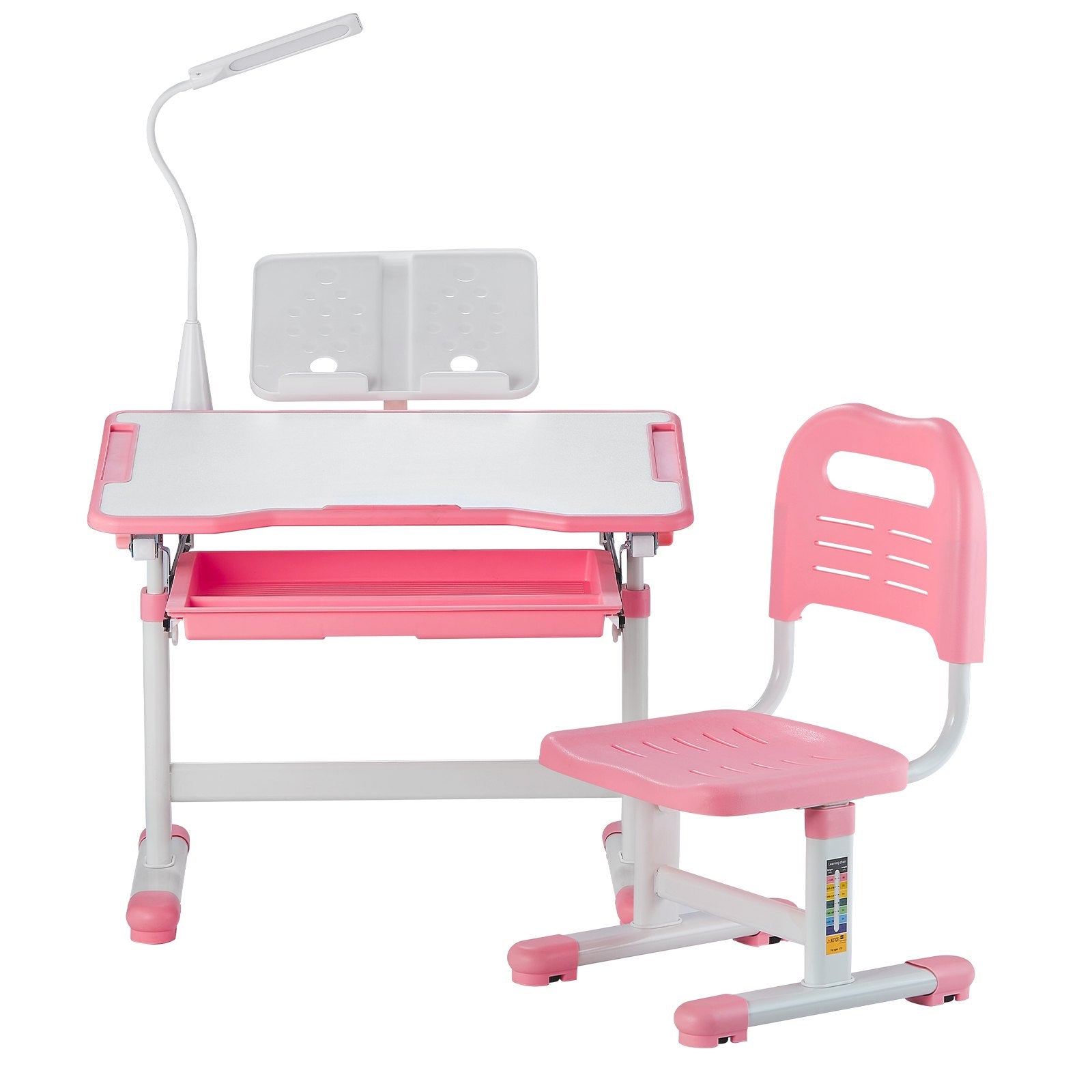 VEVOR Kids Chair and Desk Set Table Lamp Adjustable Height & Tilted Desktop Pink 