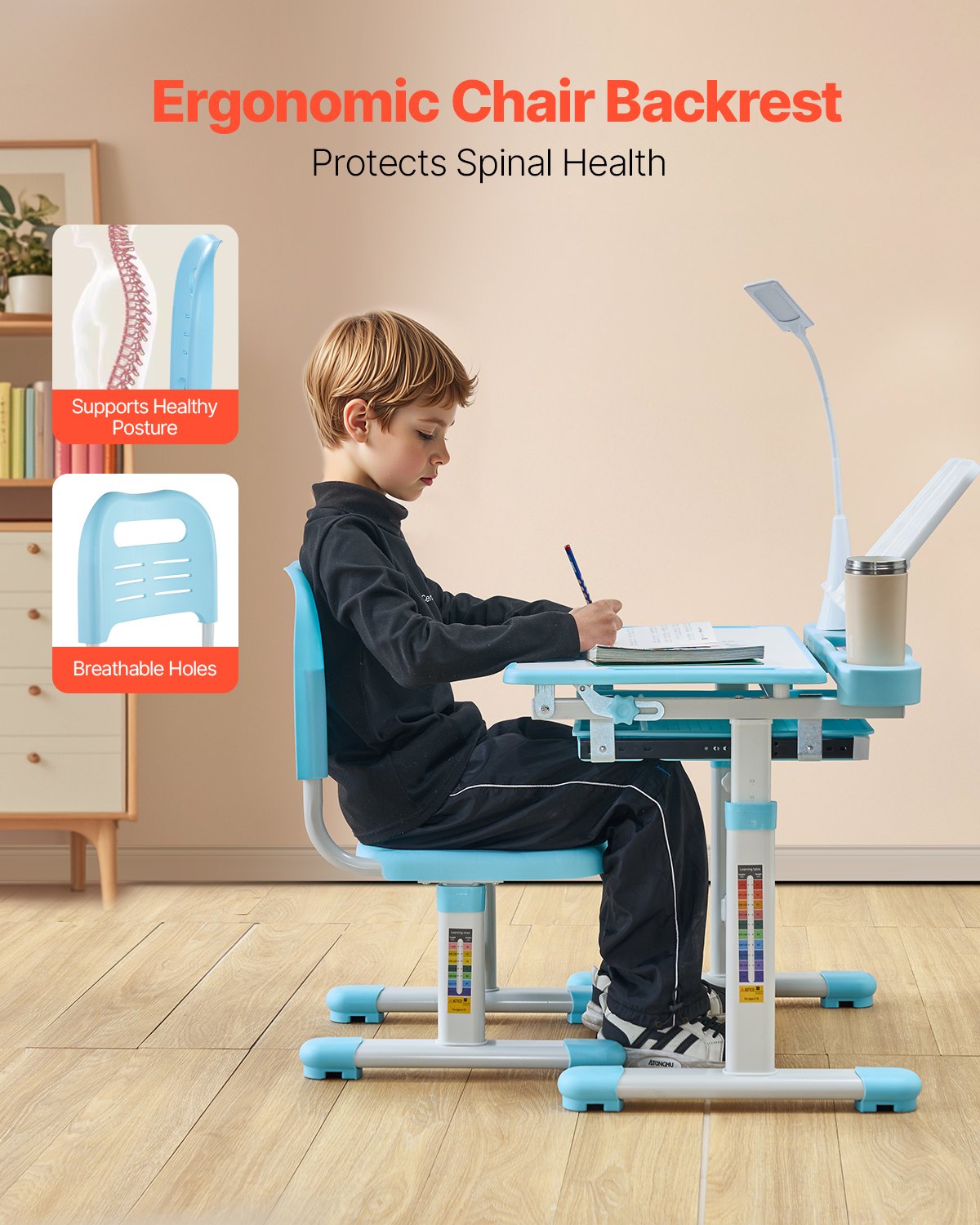 VEVOR Kids Chair and Desk Set Table Lamp Adjustable Height & Tilted Desktop Blue 