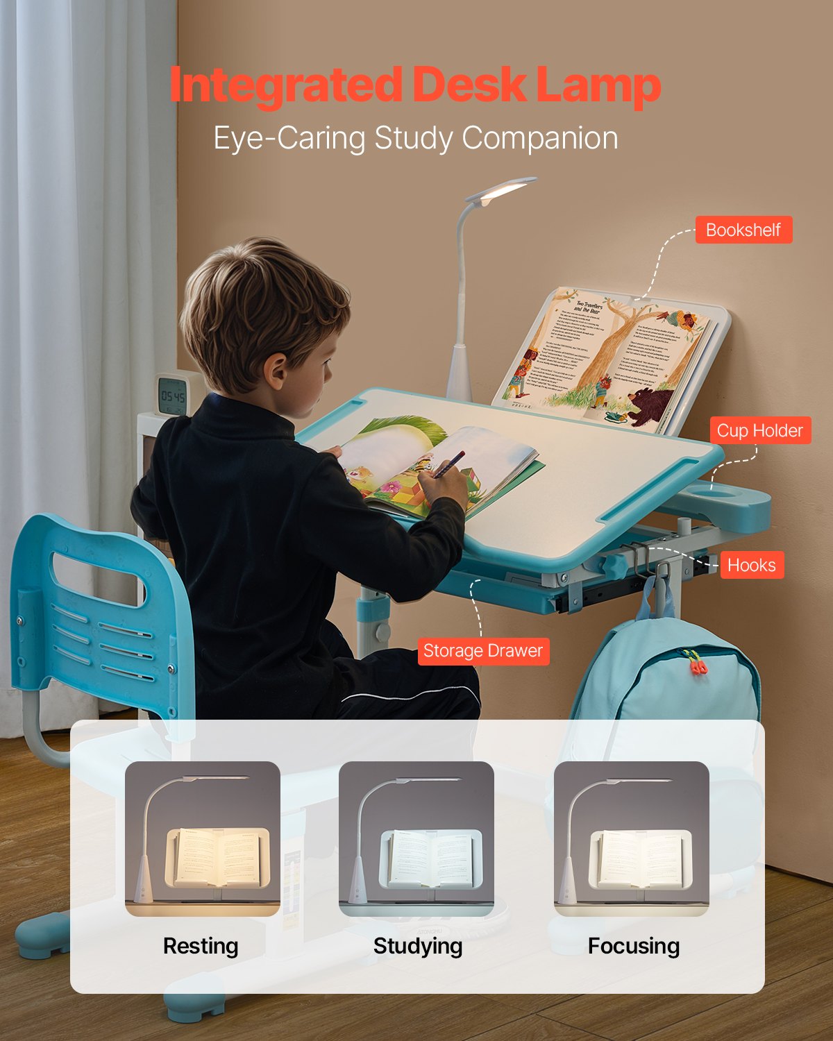 VEVOR Kids Chair and Desk Set Table Lamp Adjustable Height & Tilted Desktop Blue 