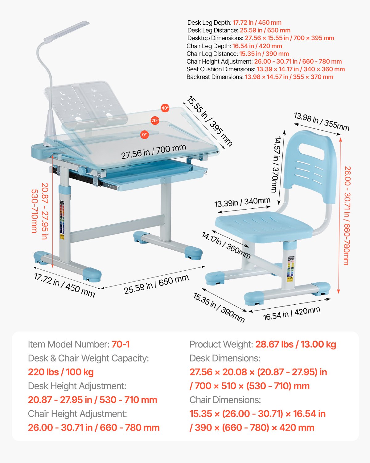 VEVOR Kids Chair and Desk Set Table Lamp Adjustable Height & Tilted Desktop Blue 