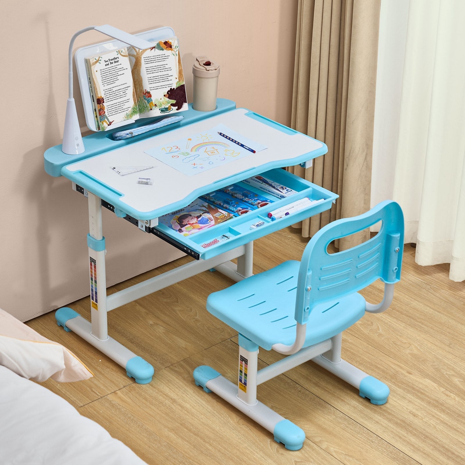 VEVOR Kids Chair and Desk Set Table Lamp Adjustable Height & Tilted Desktop Blue 
