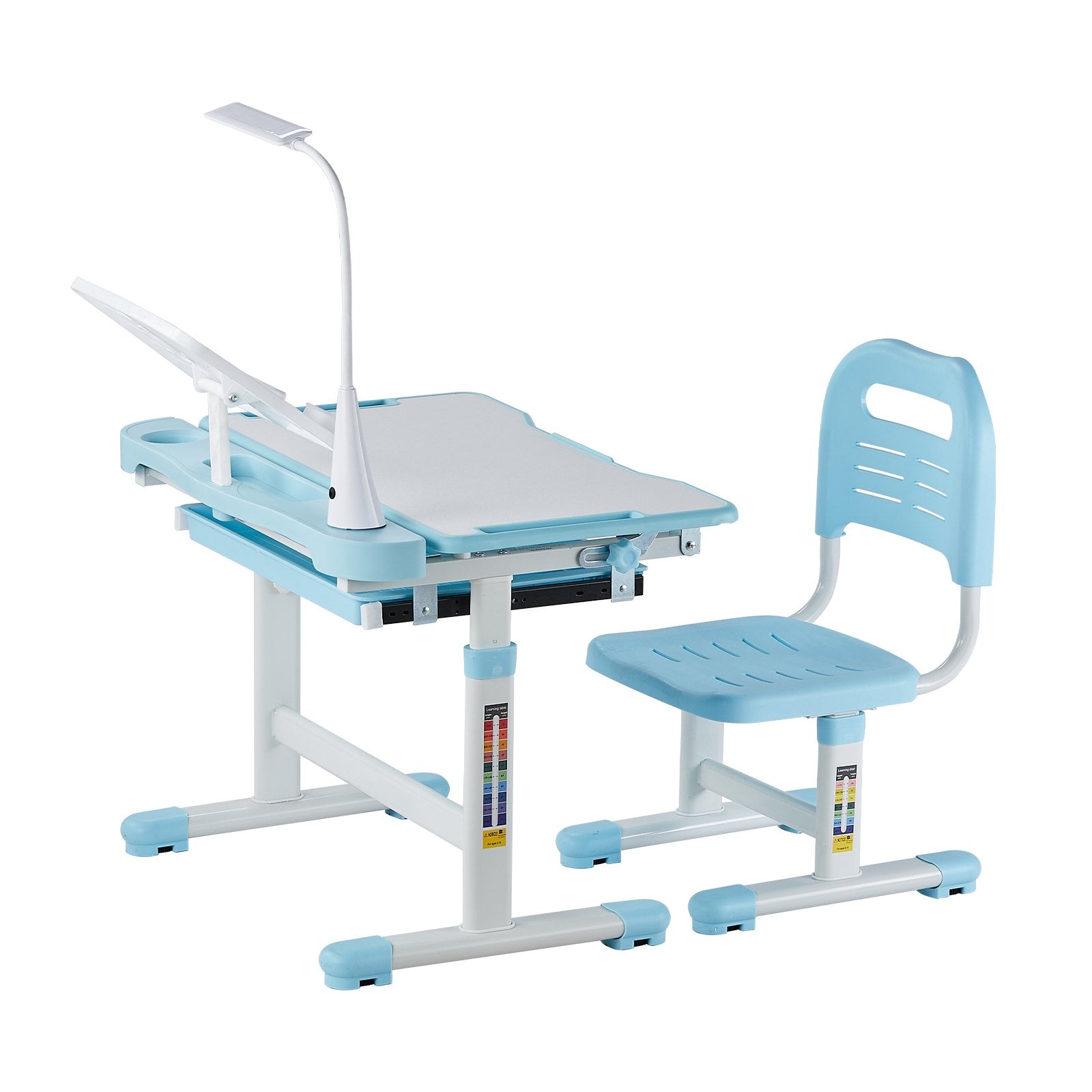 VEVOR Kids Chair and Desk Set Table Lamp Adjustable Height & Tilted Desktop Blue 