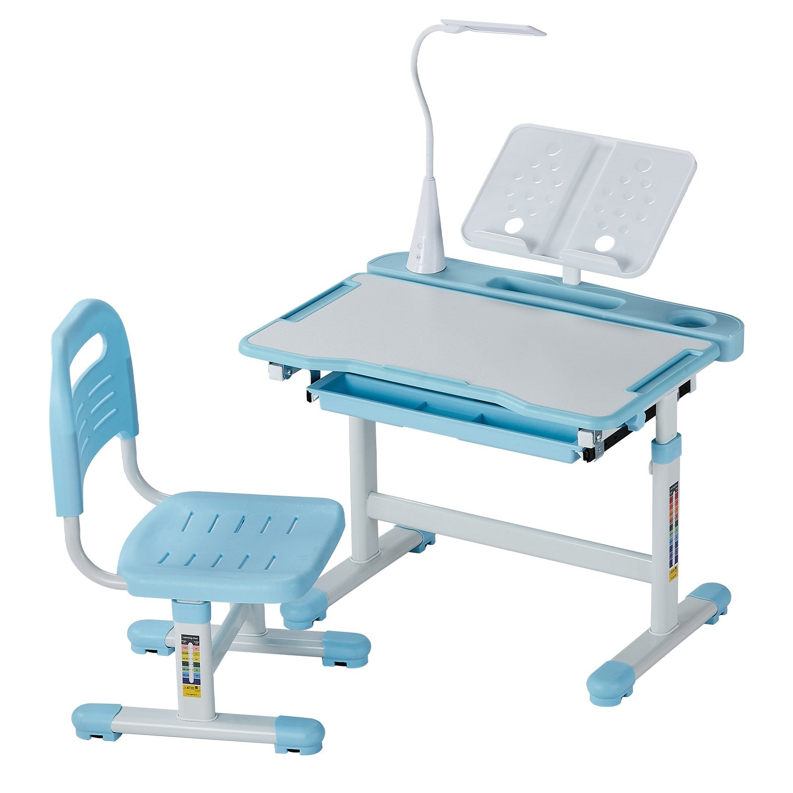 VEVOR Kids Chair and Desk Set Table Lamp Adjustable Height & Tilted Desktop Blue 