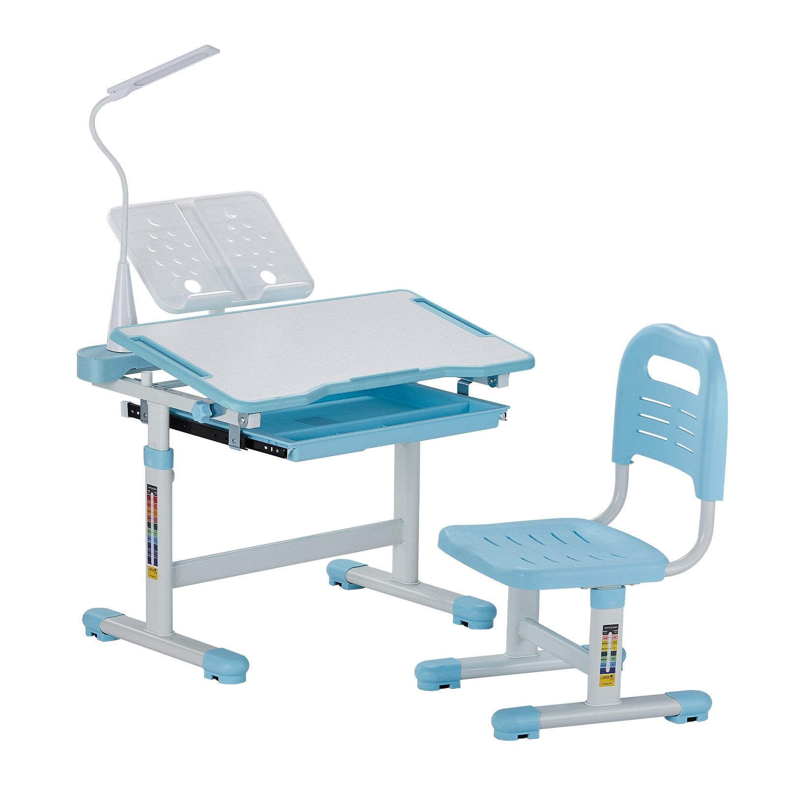 VEVOR Kids Chair and Desk Set Table Lamp Adjustable Height & Tilted Desktop Blue 