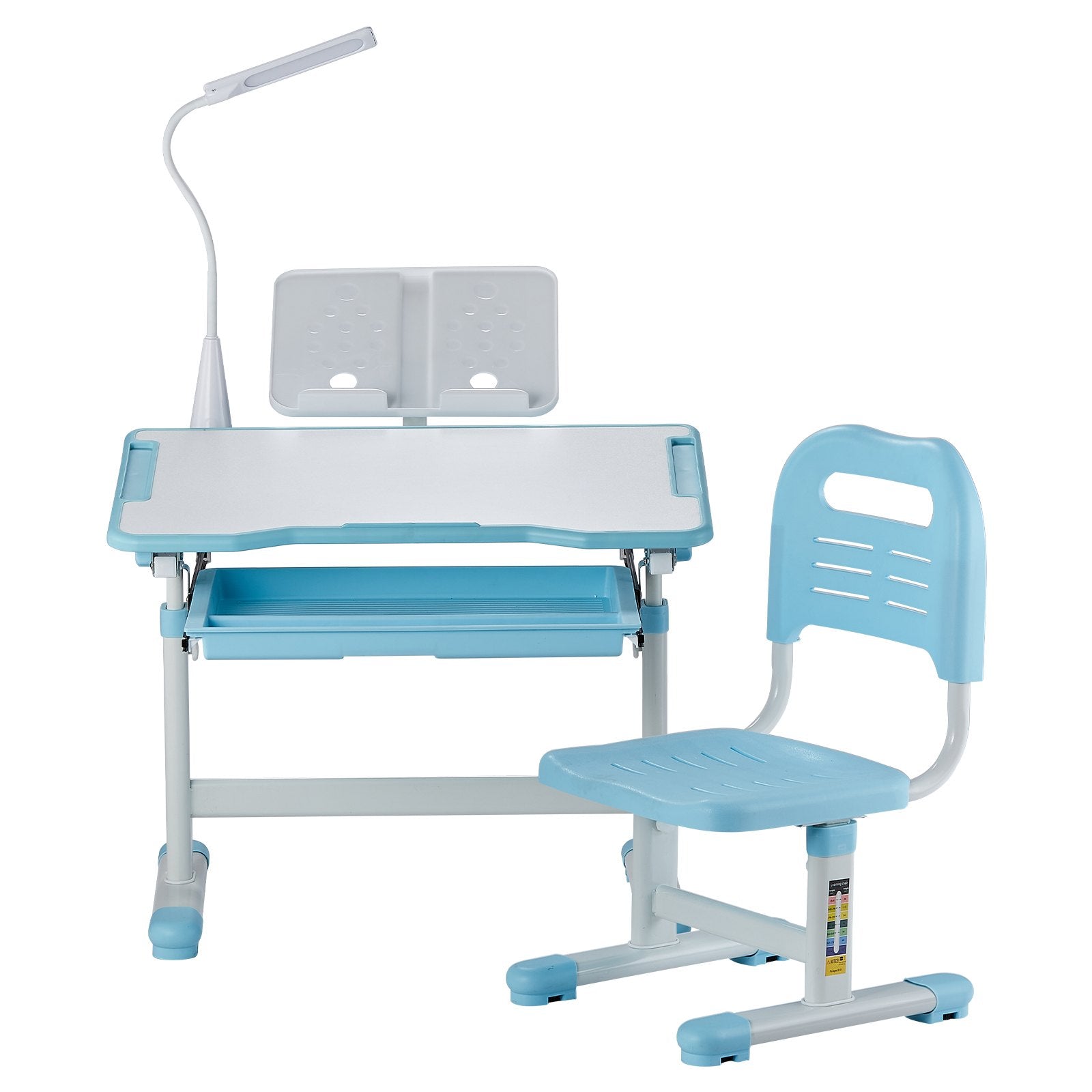 VEVOR Kids Chair and Desk Set Table Lamp Adjustable Height & Tilted Desktop Blue 