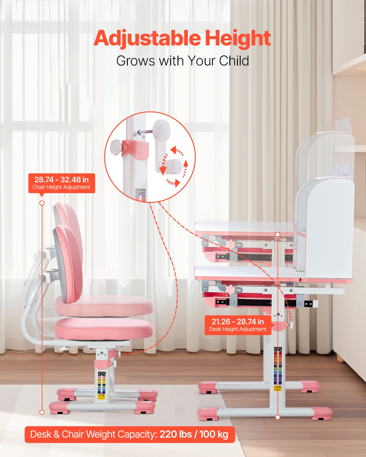 VEVOR Kids Study Chair and Desk with Bookshelf & Drawer Height Adjustable Pink 