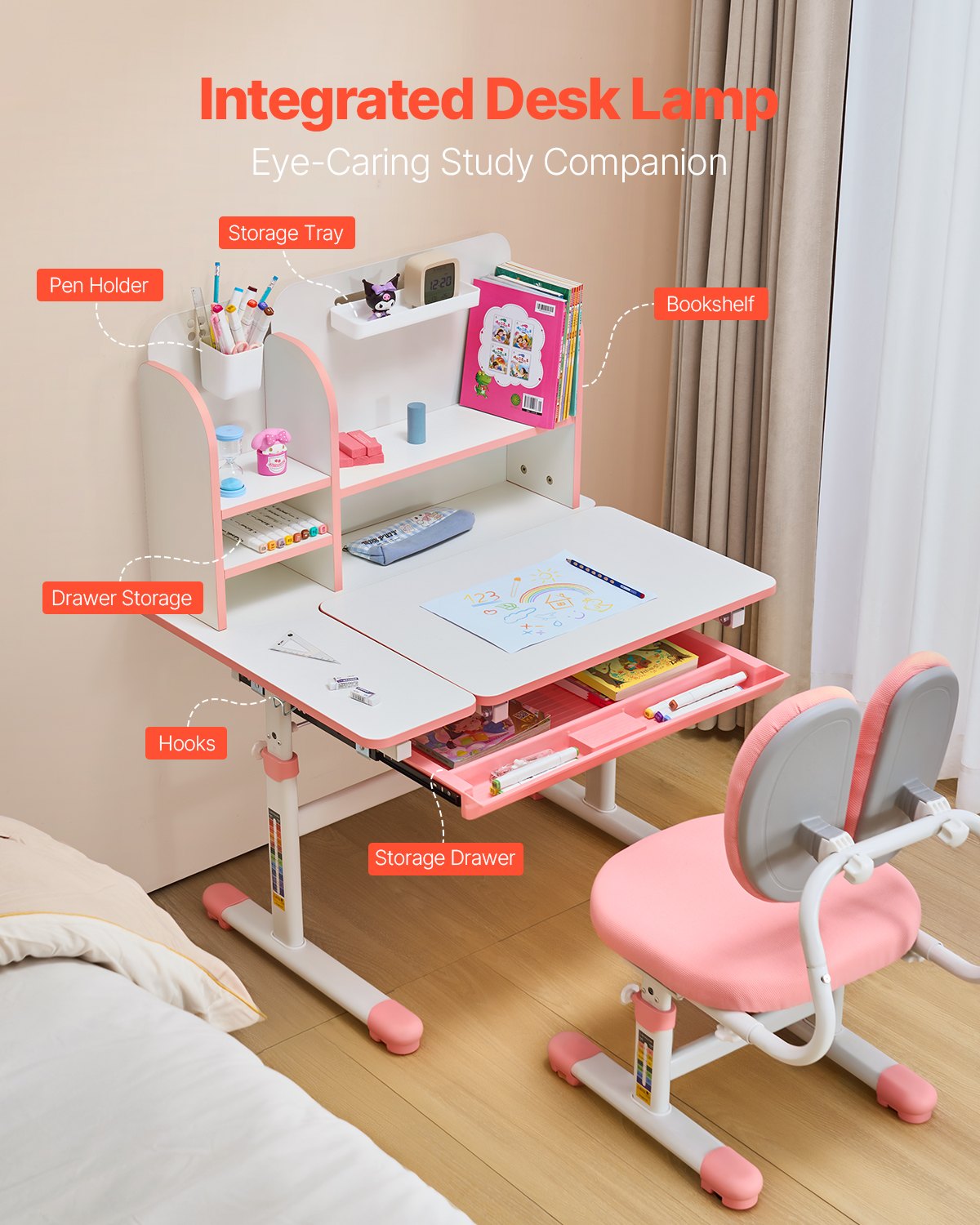 VEVOR Kids Study Chair and Desk with Bookshelf & Drawer Height Adjustable Pink 