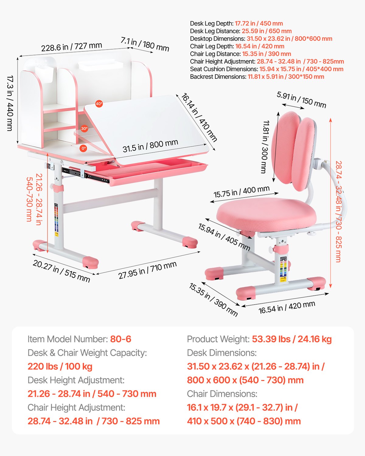 VEVOR Kids Study Chair and Desk with Bookshelf & Drawer Height Adjustable Pink 