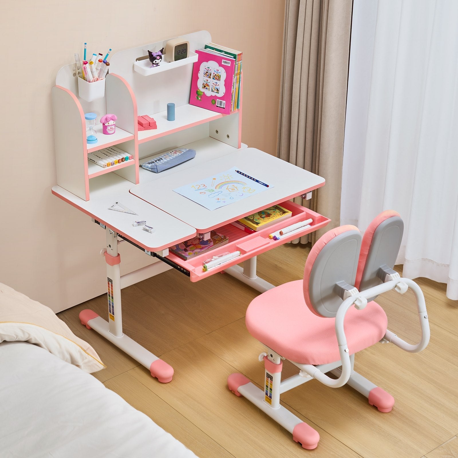 VEVOR Kids Study Chair and Desk with Bookshelf & Drawer Height Adjustable Pink 