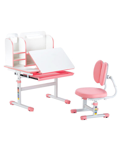 VEVOR Kids Study Chair and Desk with Bookshelf & Drawer Height Adjustable Pink 