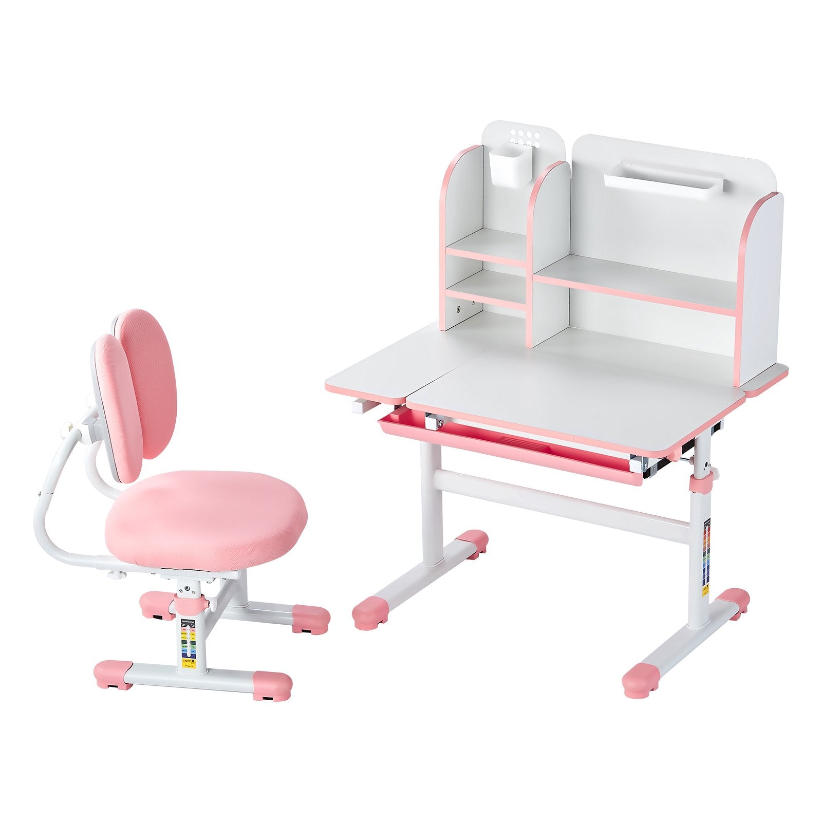 VEVOR Kids Study Chair and Desk with Bookshelf & Drawer Height Adjustable Pink 