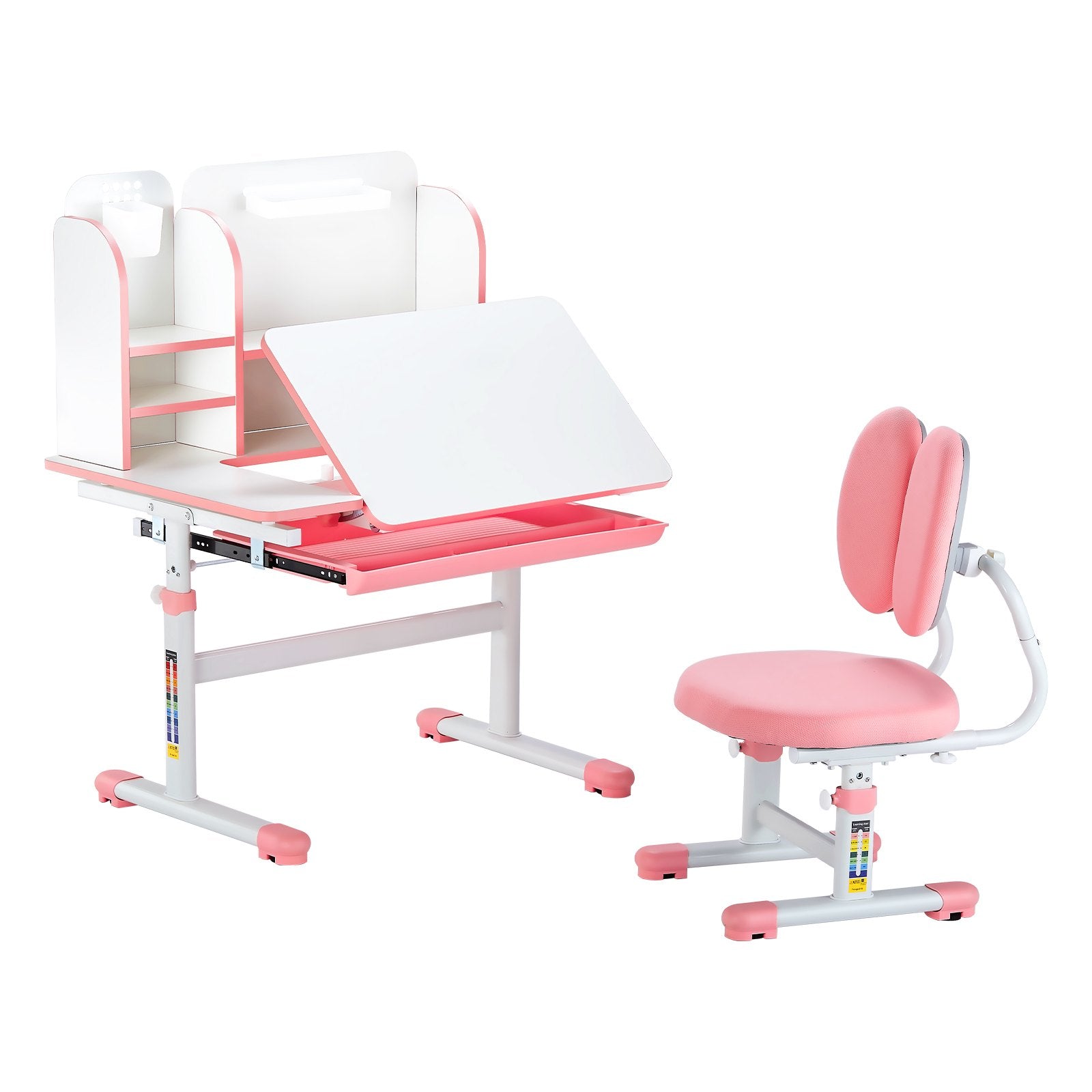 VEVOR Kids Study Chair and Desk with Bookshelf & Drawer Height Adjustable Pink 