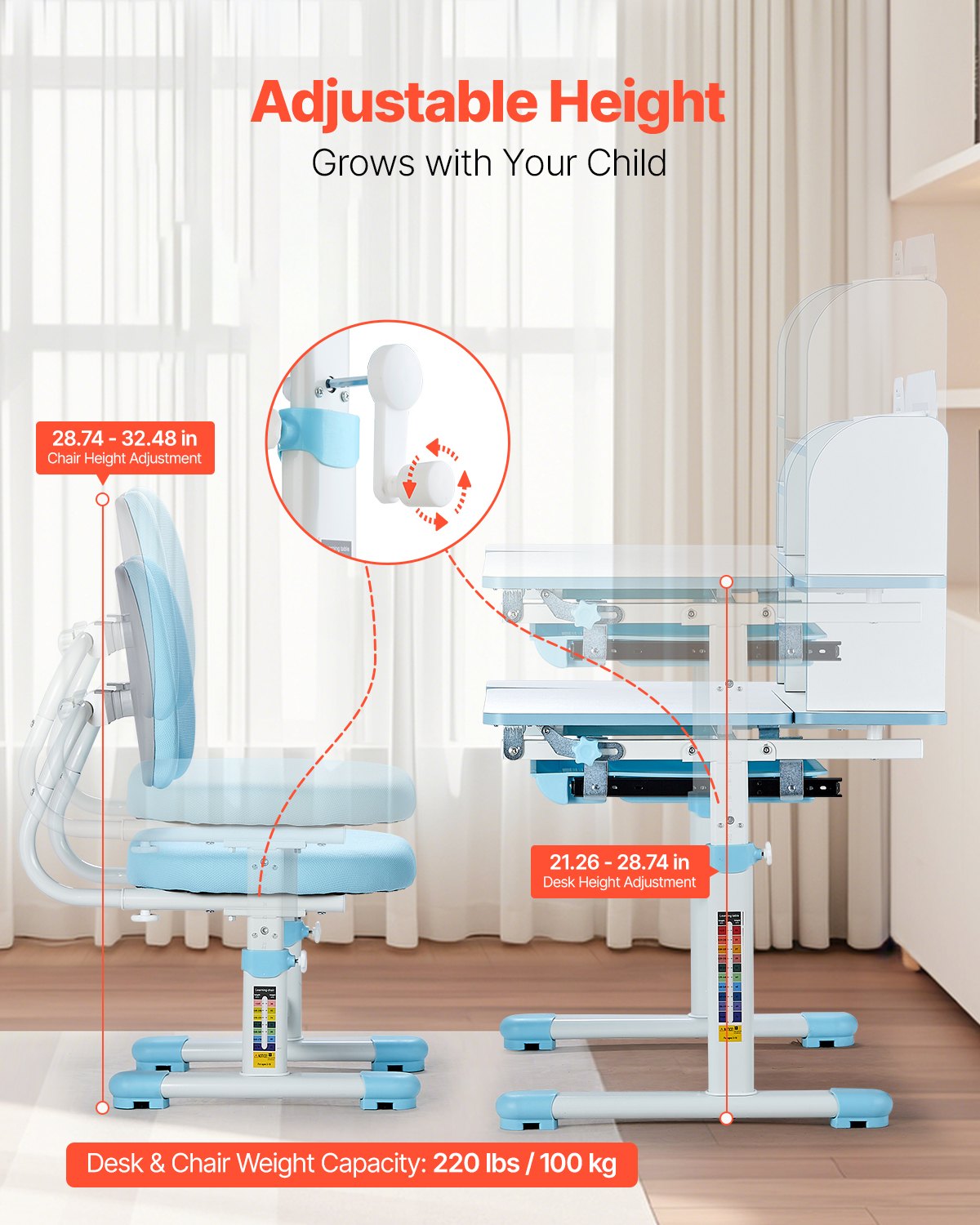 VEVOR Kids Study Chair and Desk with Bookshelf & Drawer Height Adjustable Blue 