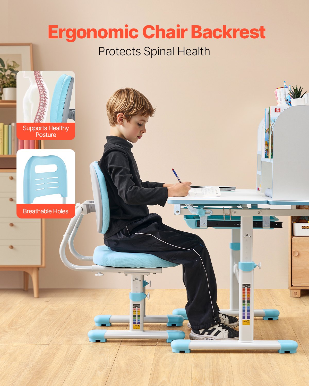 VEVOR Kids Study Chair and Desk with Bookshelf & Drawer Height Adjustable Blue 